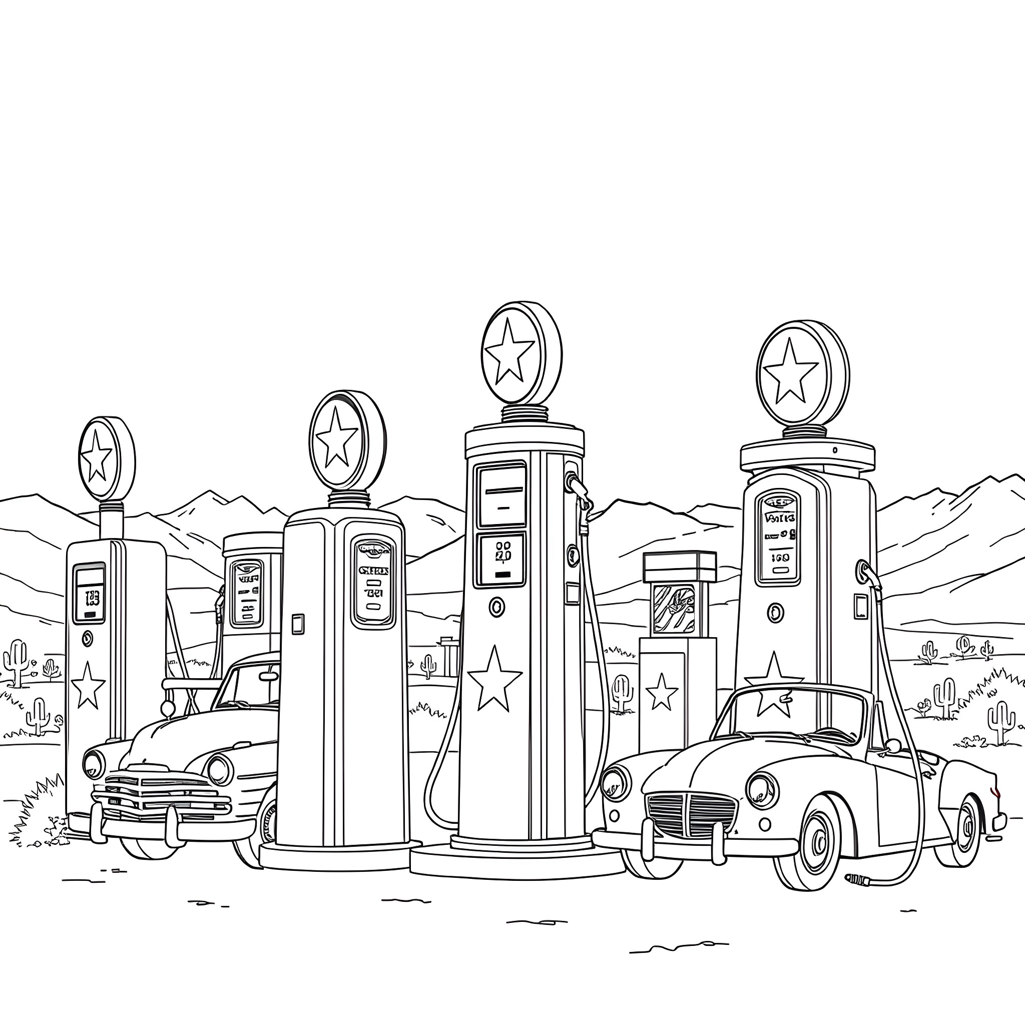 Gas Pump Scene with Vintage Cars and Fuel Pumps Coloring Page (free black-and-white line drawing printable PDF for all, from beginners to advanced learners, including children, teens, adults, and seniors)