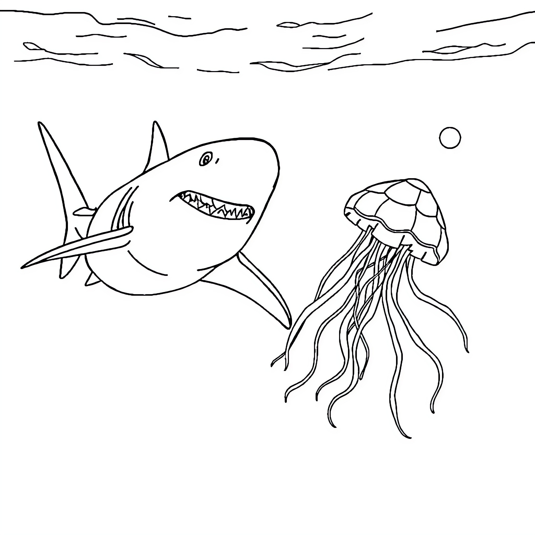 Shark chasing a jellyfish in the ocean Coloring Page (free black-and-white line drawing printable PDF for all, from beginners to advanced learners, including children, teens, adults, and seniors)