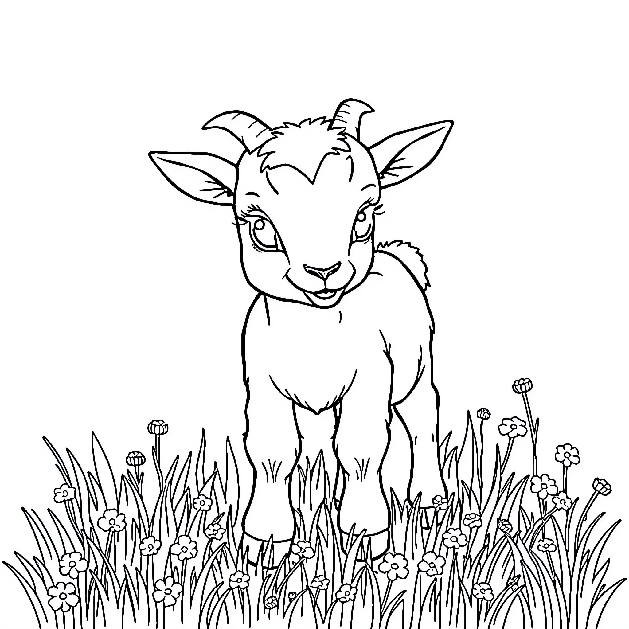 Goat standing amidst flowers in a meadow Coloring Page (free black-and-white line drawing printable PDF for all, from beginners to advanced learners, including children, teens, adults, and seniors)
