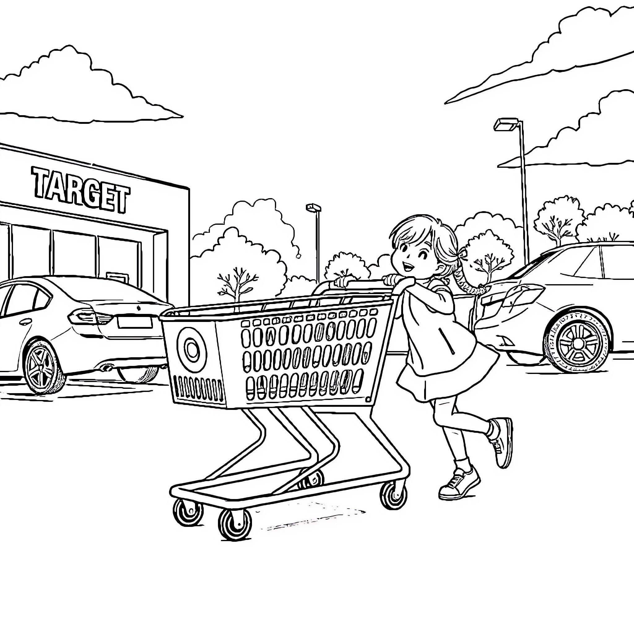 Girl pushing shopping cart in store parking lot Coloring Page (free black-and-white line drawing printable PDF for all, from beginners to advanced learners, including children, teens, adults, and seniors)