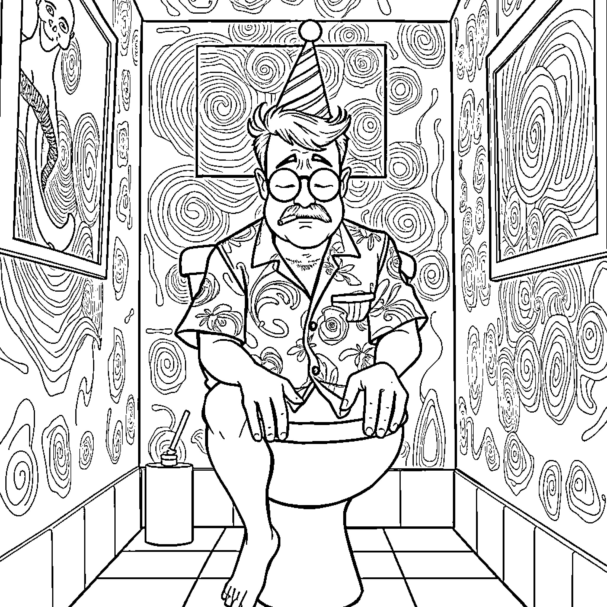 Man in party hat sitting on toilet in surreal bathroom setting Coloring Page (free black-and-white line drawing printable PDF for all, from beginners to advanced learners, including children, teens, adults, and seniors)