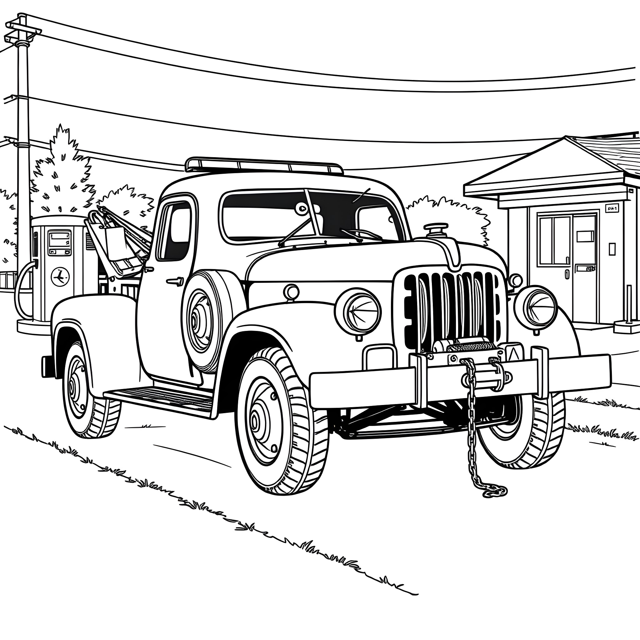 Tow Truck Assisting Vehicle on Roadside Coloring Page (free black-and-white line drawing printable PDF for all, from beginners to advanced learners, including children, teens, adults, and seniors)