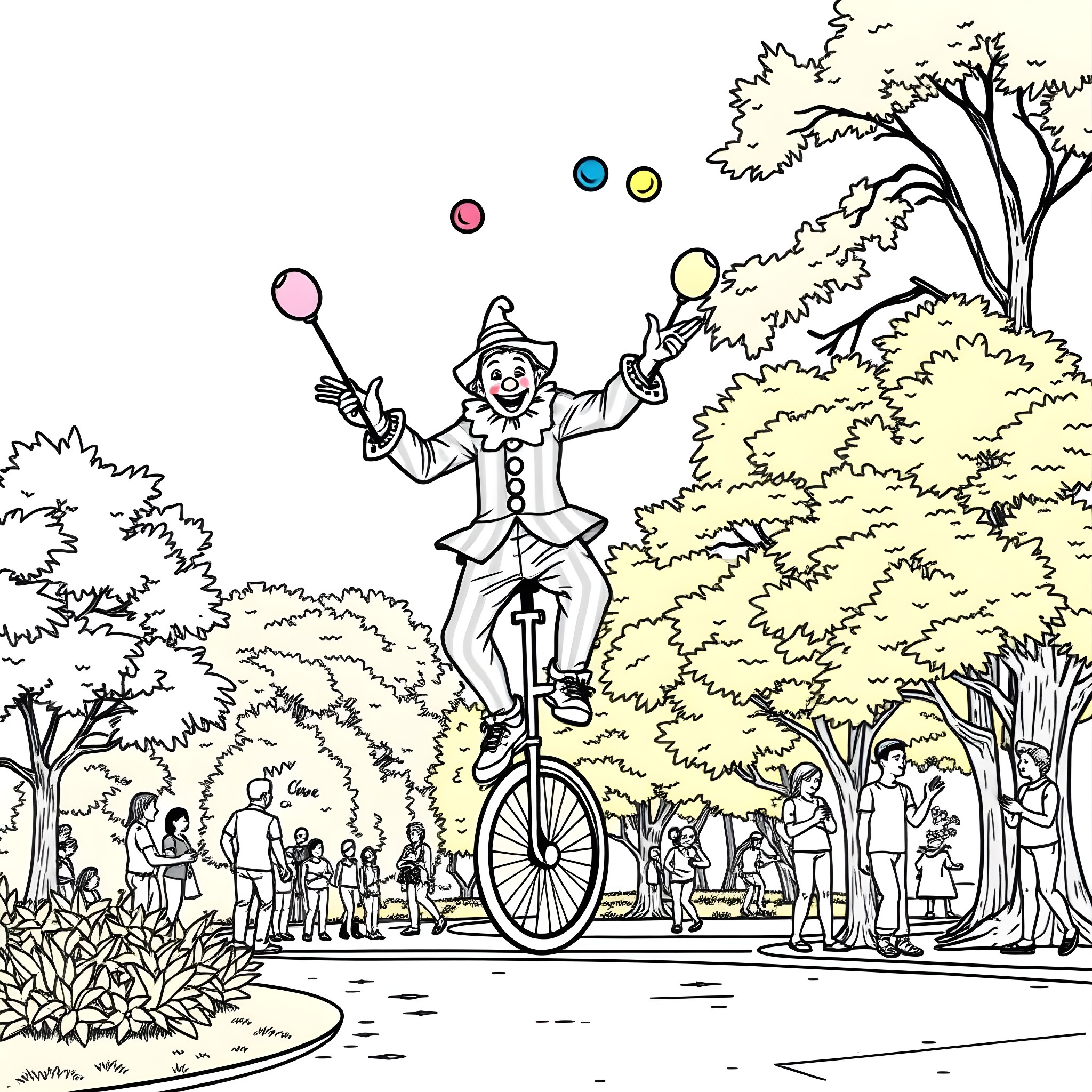 Clown Juggling Balloons on Unicycle in Park Coloring Page (free black-and-white line drawing printable PDF for all, from beginners to advanced learners, including children, teens, adults, and seniors)
