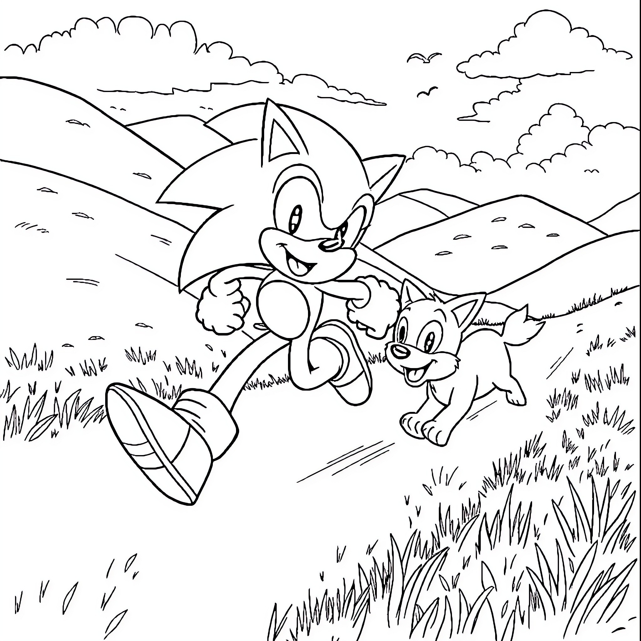 Sonic's Playful Adventure in the Countryside Coloring Page (free black-and-white line drawing printable PDF for all, from beginners to advanced learners, including children, teens, adults, and seniors)