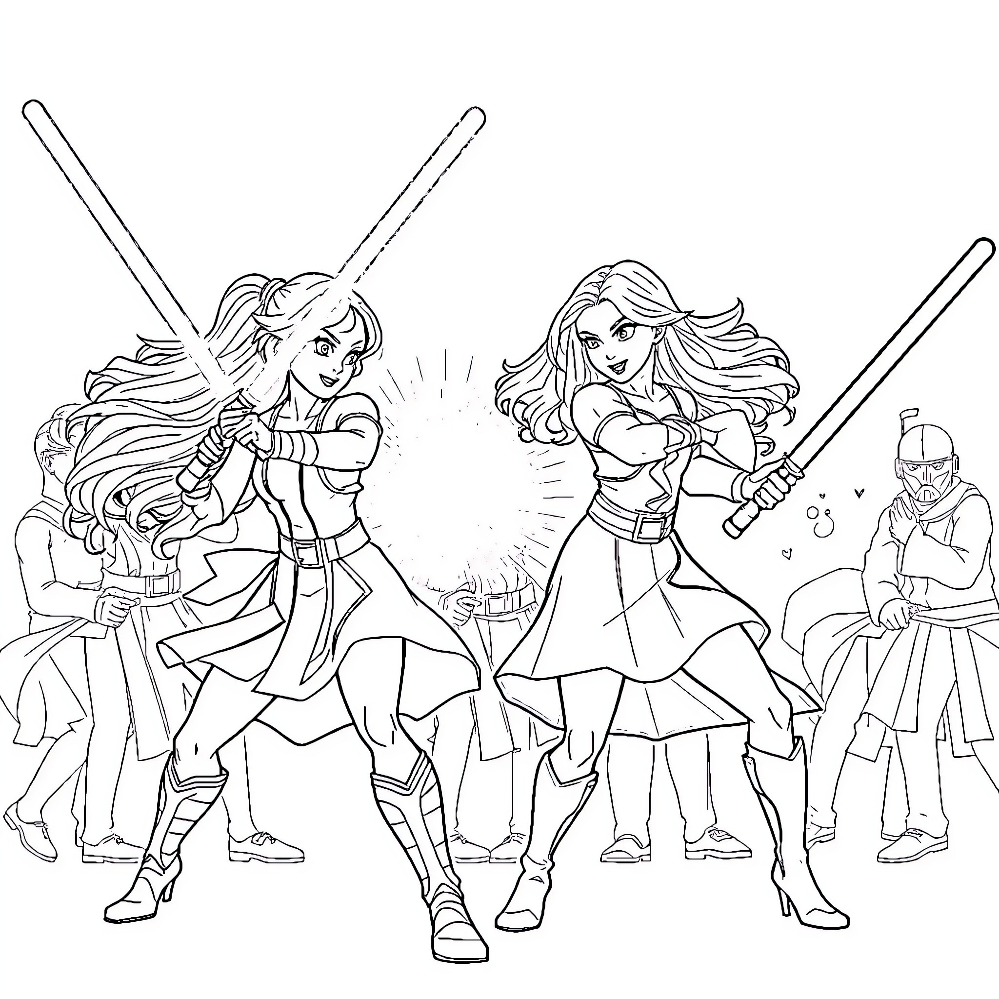 Girls engaging in energetic sword combat Coloring Page (free black-and-white line drawing printable PDF for all, from beginners to advanced learners, including children, teens, adults, and seniors)