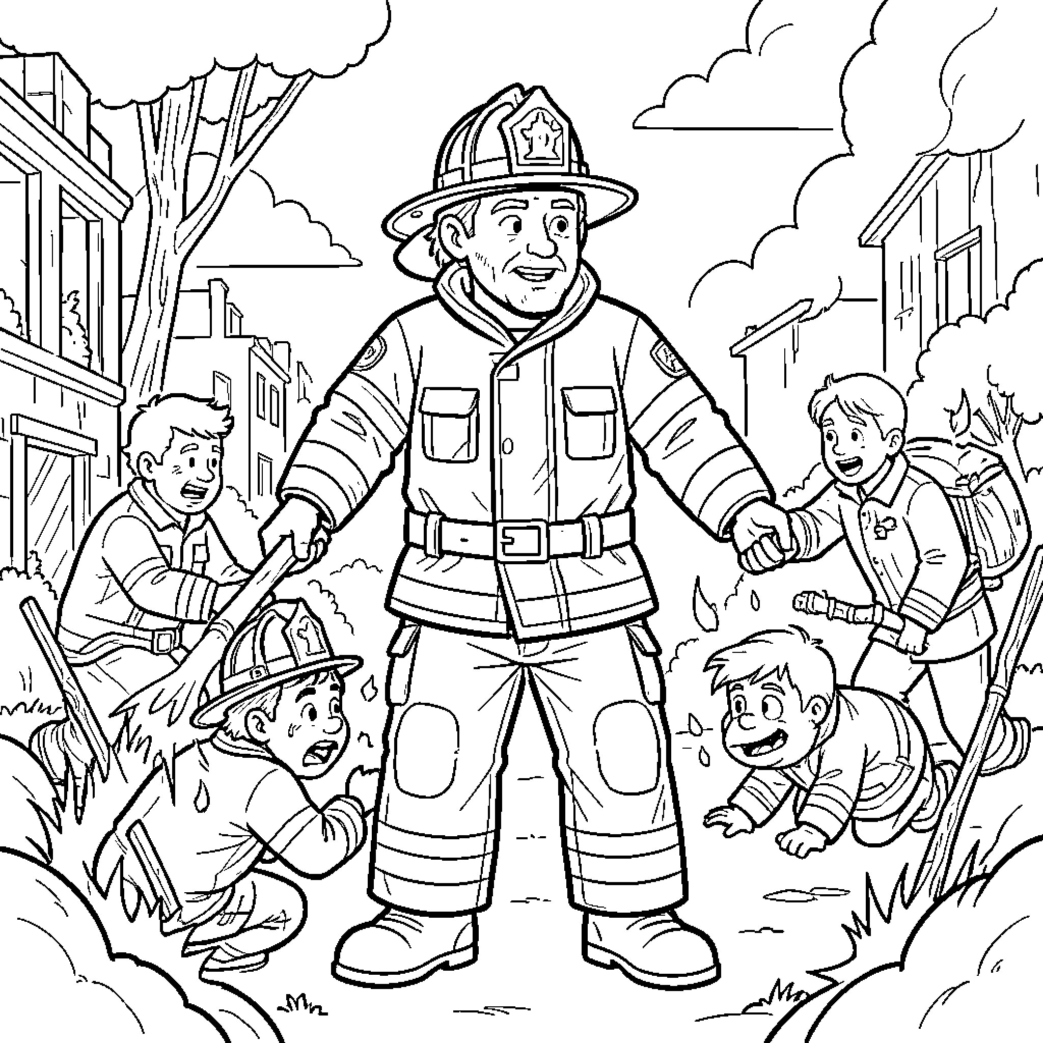François Damiens leading young firefighters through a scene Coloring Page (free black-and-white line drawing printable PDF for all, from beginners to advanced learners, including children, teens, adults, and seniors)
