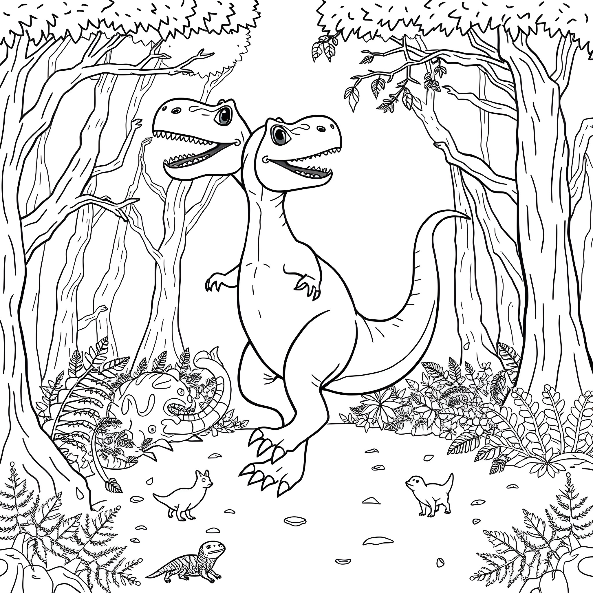 Dinosaurs exploring the lush forest landscape Coloring Page (free black-and-white line drawing printable PDF for all, from beginners to advanced learners, including children, teens, adults, and seniors)
