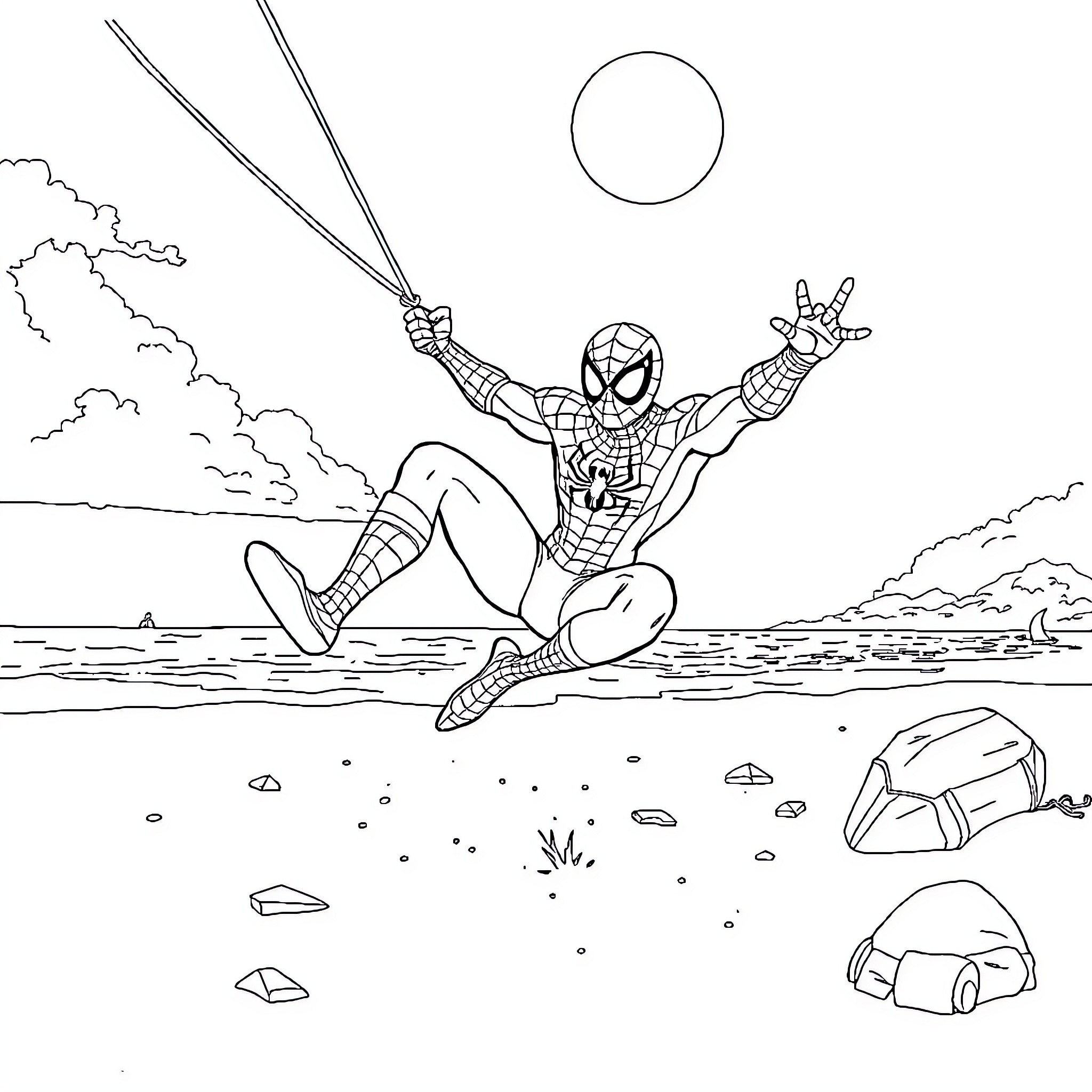 Spiderman swinging through the city skyline Coloring Page (free black-and-white line drawing printable PDF for all, from beginners to advanced learners, including children, teens, adults, and seniors)