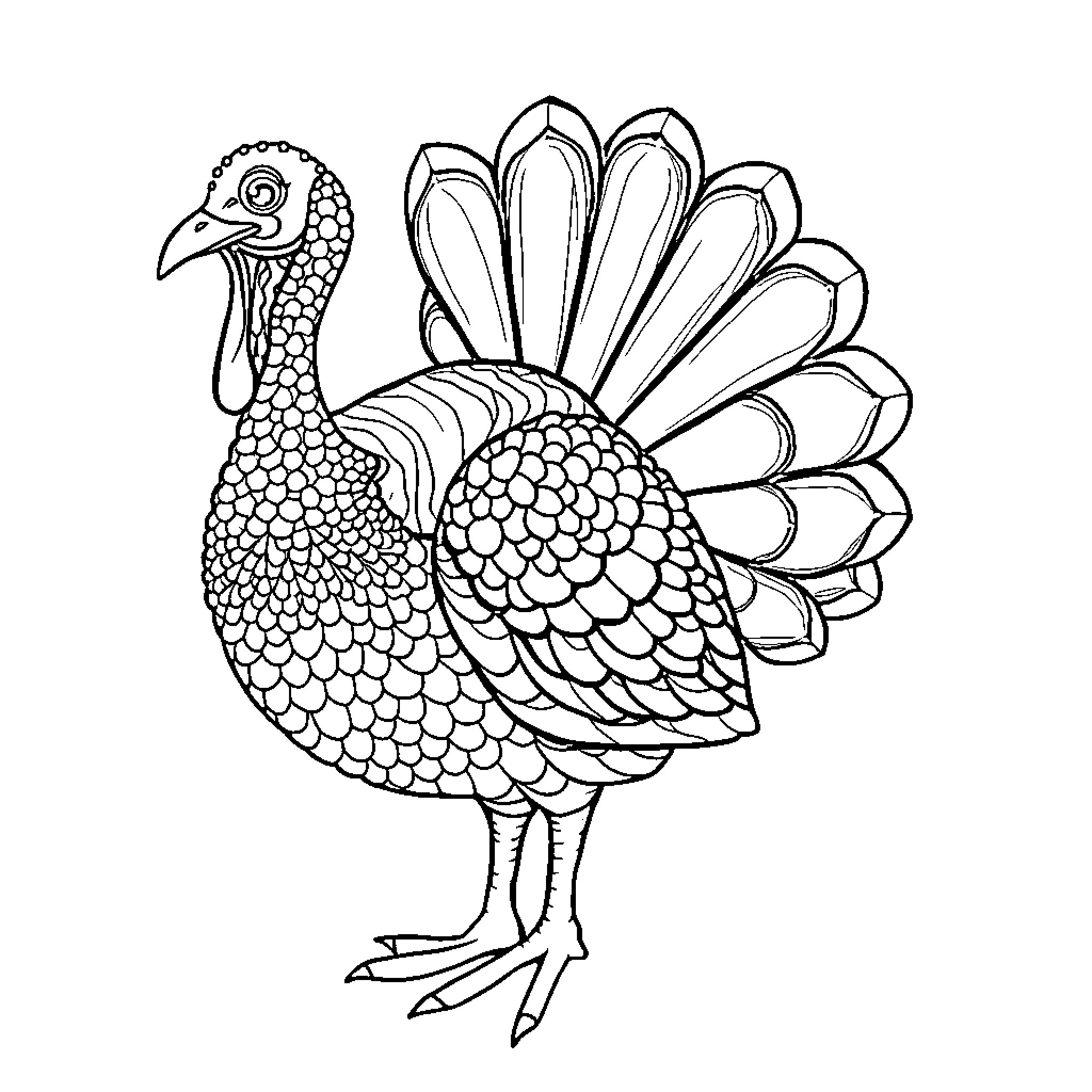 Turkey with detailed patterned feathers Coloring Page (free black-and-white line drawing printable PDF for all, from beginners to advanced learners, including children, teens, adults, and seniors)