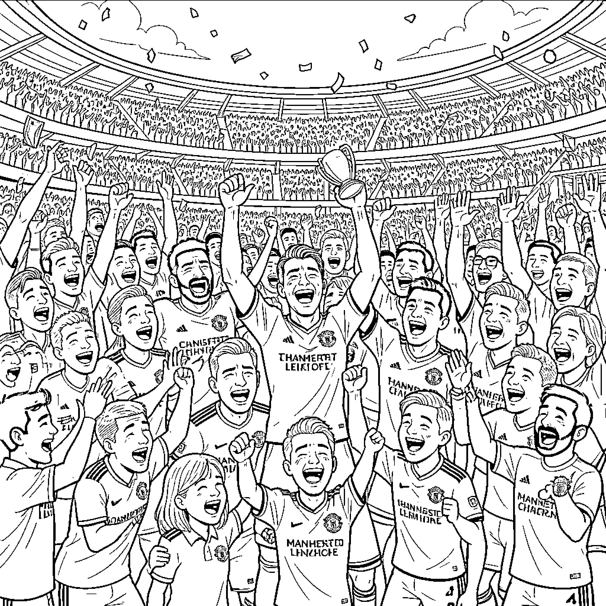 Manchester United players celebrating a trophy victory together Coloring Page (free black-and-white line drawing printable PDF for all, from beginners to advanced learners, including children, teens, adults, and seniors)