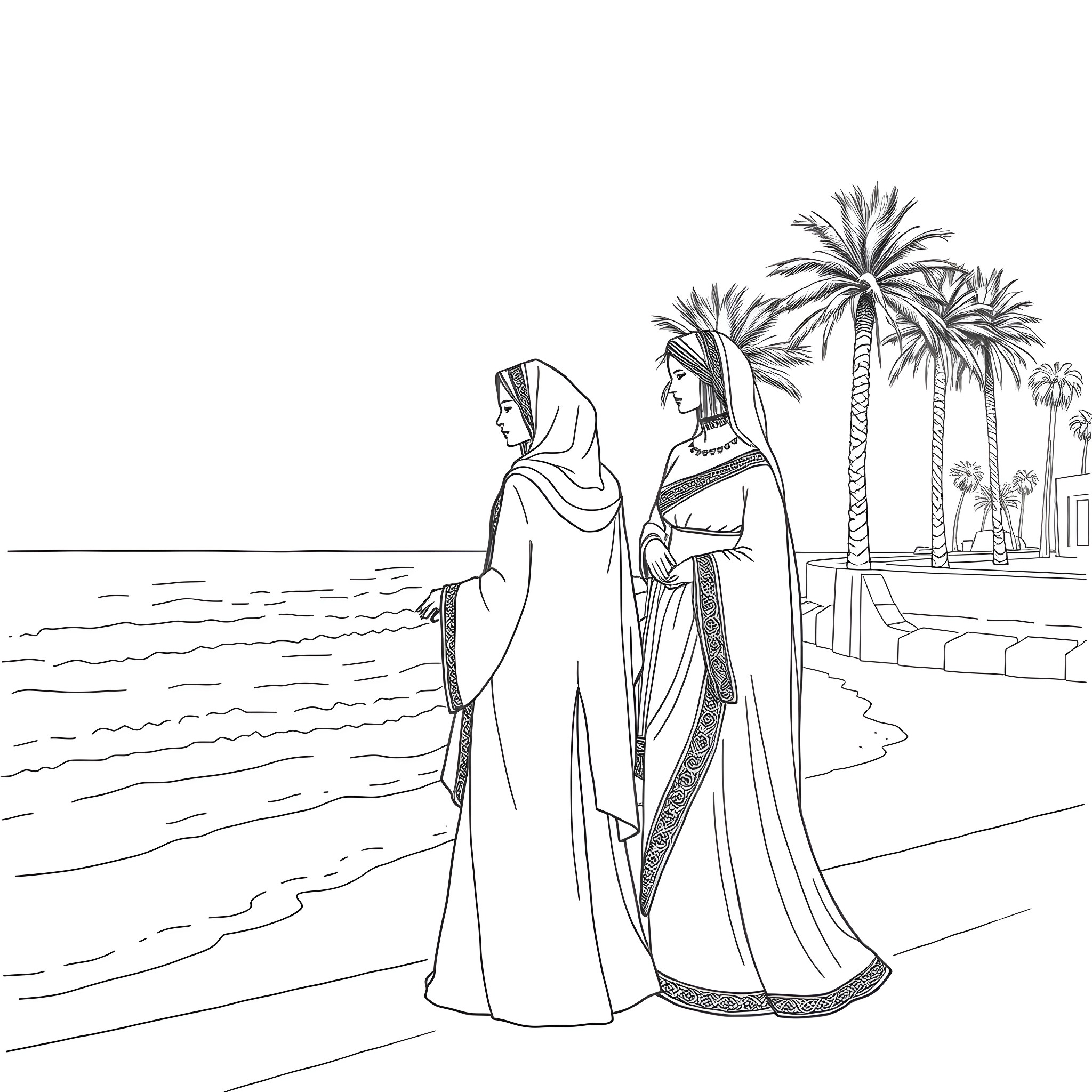 Palestinian Traditional Clothing: Two Women By The Sea Coloring Page (free black-and-white line drawing printable PDF for all, from beginners to advanced learners, including children, teens, adults, and seniors)