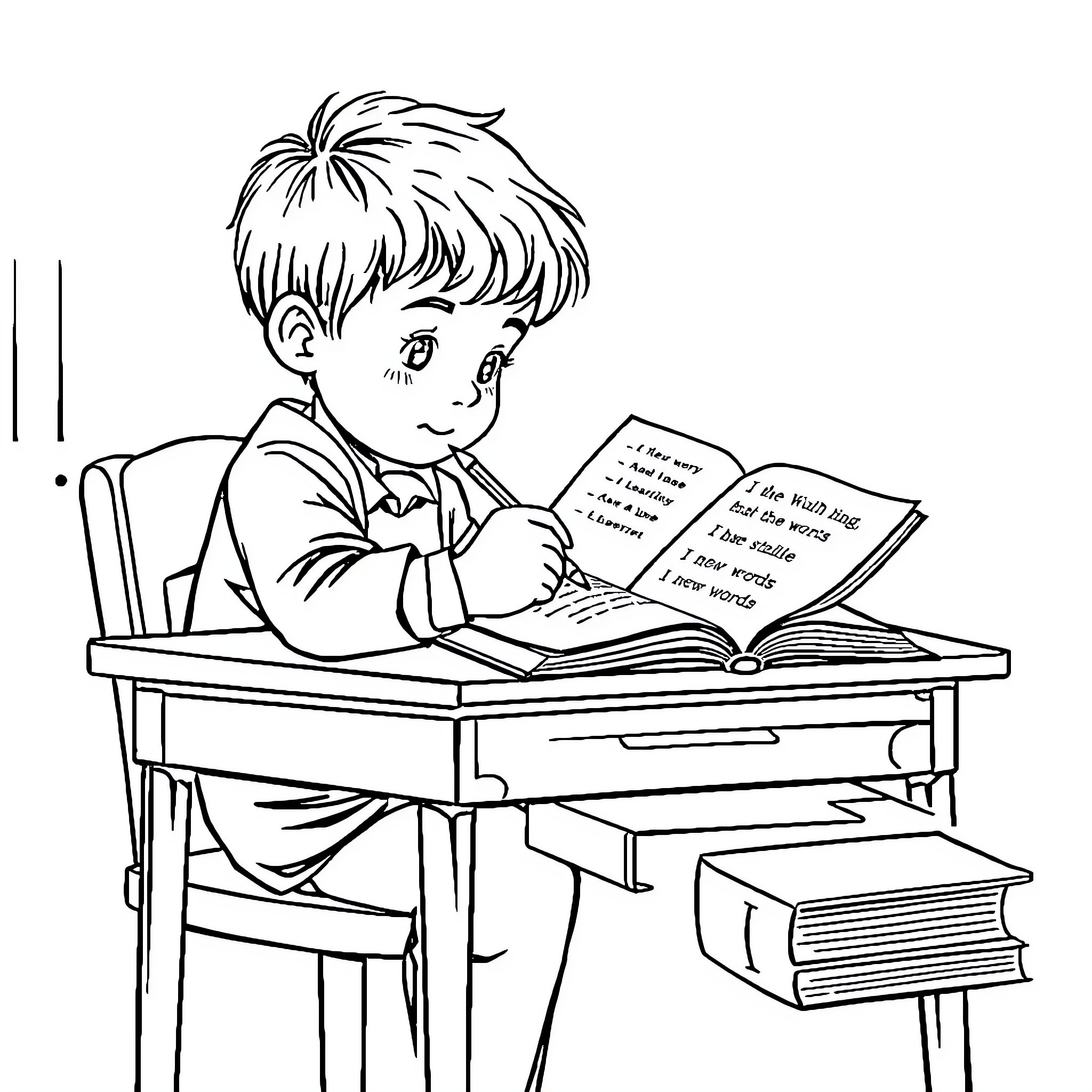 Student diligently studying at desk Coloring Page (free black-and-white line drawing printable PDF for all, from beginners to advanced learners, including children, teens, adults, and seniors)