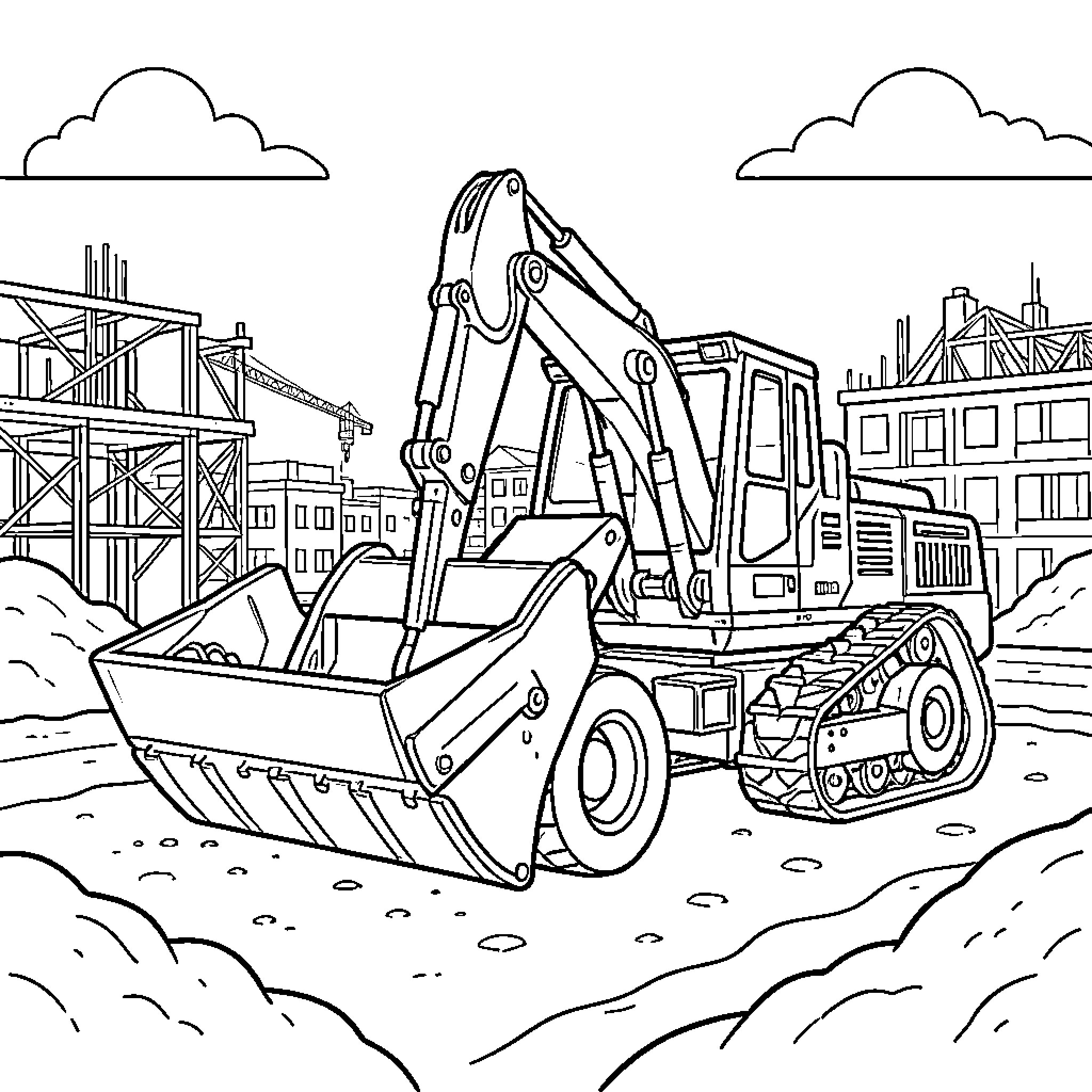 Compactor working at a busy construction site Coloring Page (free black-and-white line drawing printable PDF for all, from beginners to advanced learners, including children, teens, adults, and seniors)