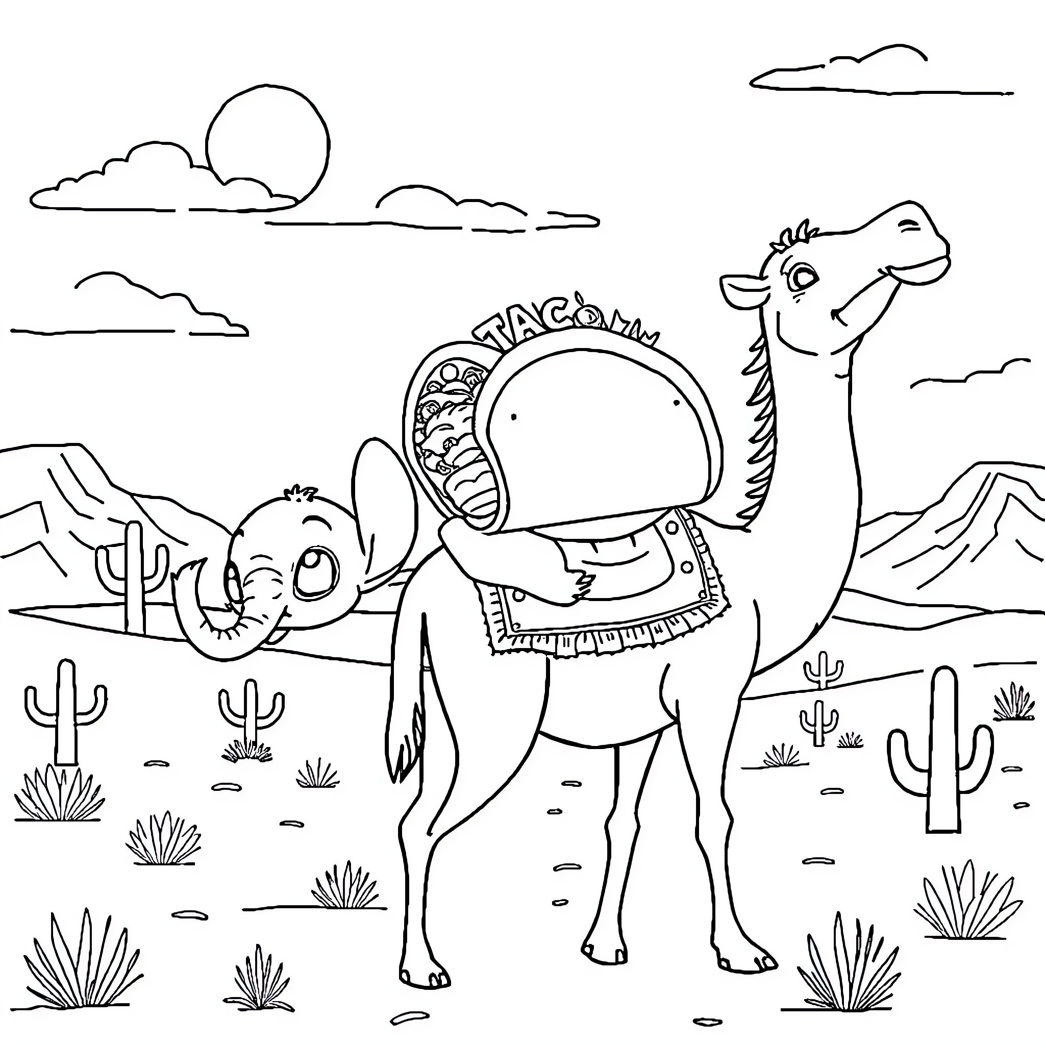 Elephant and camel in desert landscape Coloring Page (free black-and-white line drawing printable PDF for all, from beginners to advanced learners, including children, teens, adults, and seniors)