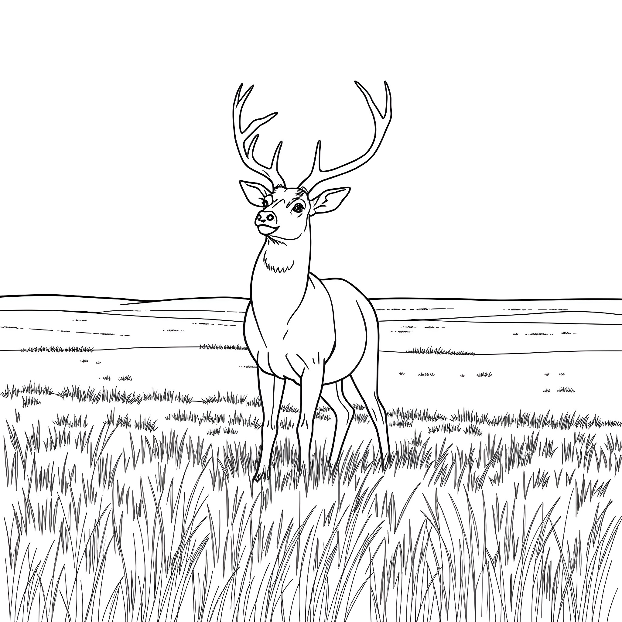 Deer standing in a grassy field Coloring Page (free black-and-white line drawing printable PDF for all, from beginners to advanced learners, including children, teens, adults, and seniors)