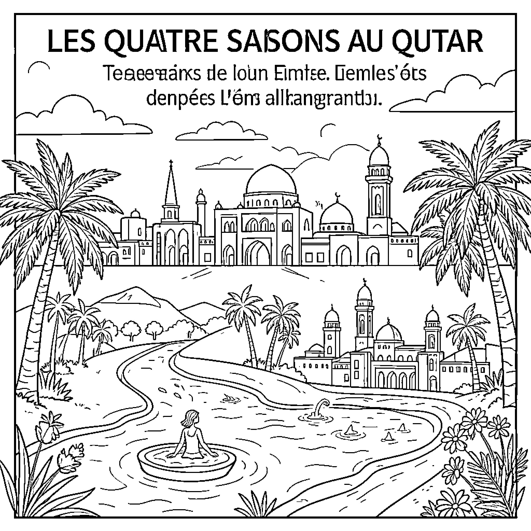 Season scene featuring a person floating on a river Coloring Page (free black-and-white line drawing printable PDF for all, from beginners to advanced learners, including children, teens, adults, and seniors)