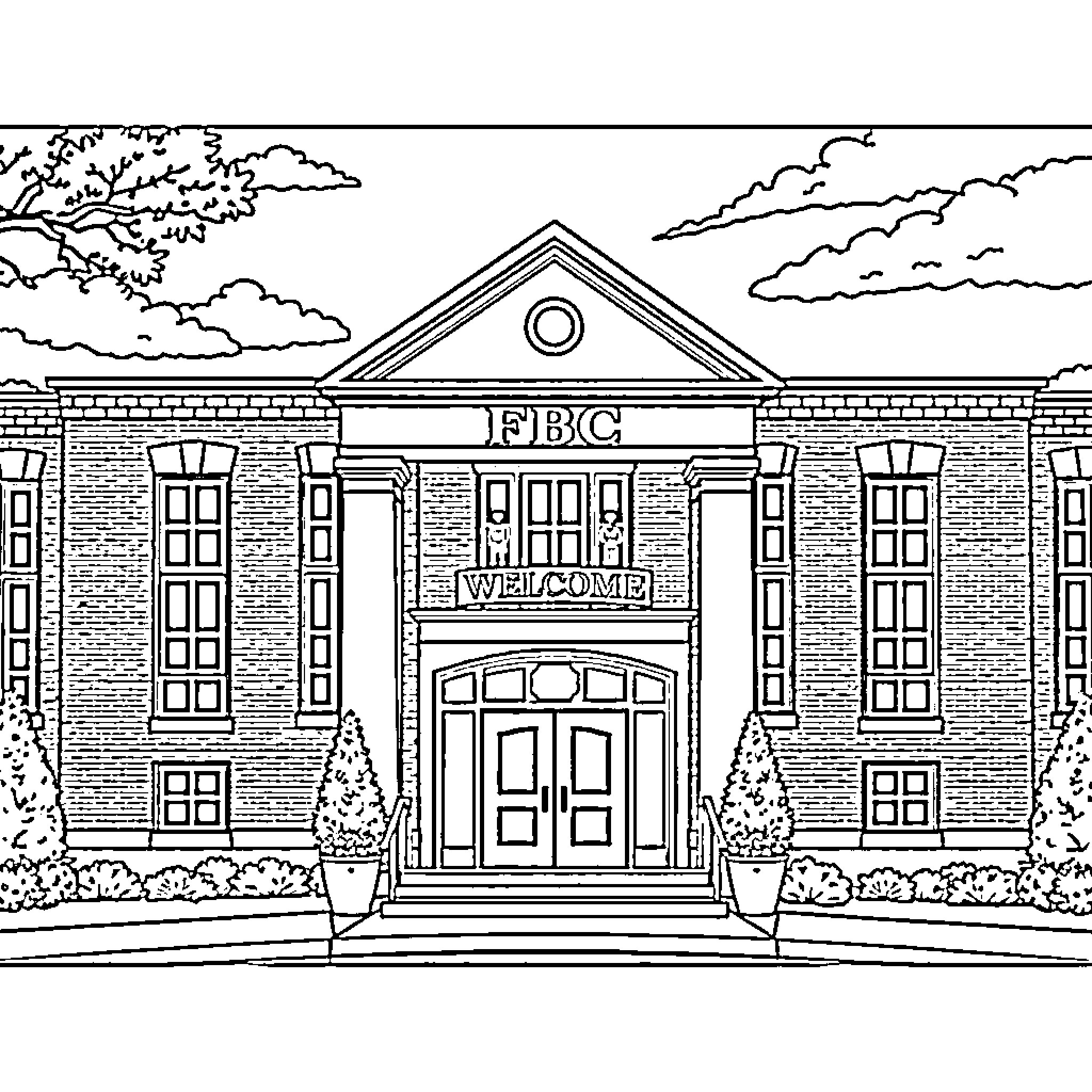 FBC Columbia: Architectural Drawing of Bank Building Coloring Page (free black-and-white line drawing printable PDF for all, from beginners to advanced learners, including children, teens, adults, and seniors)