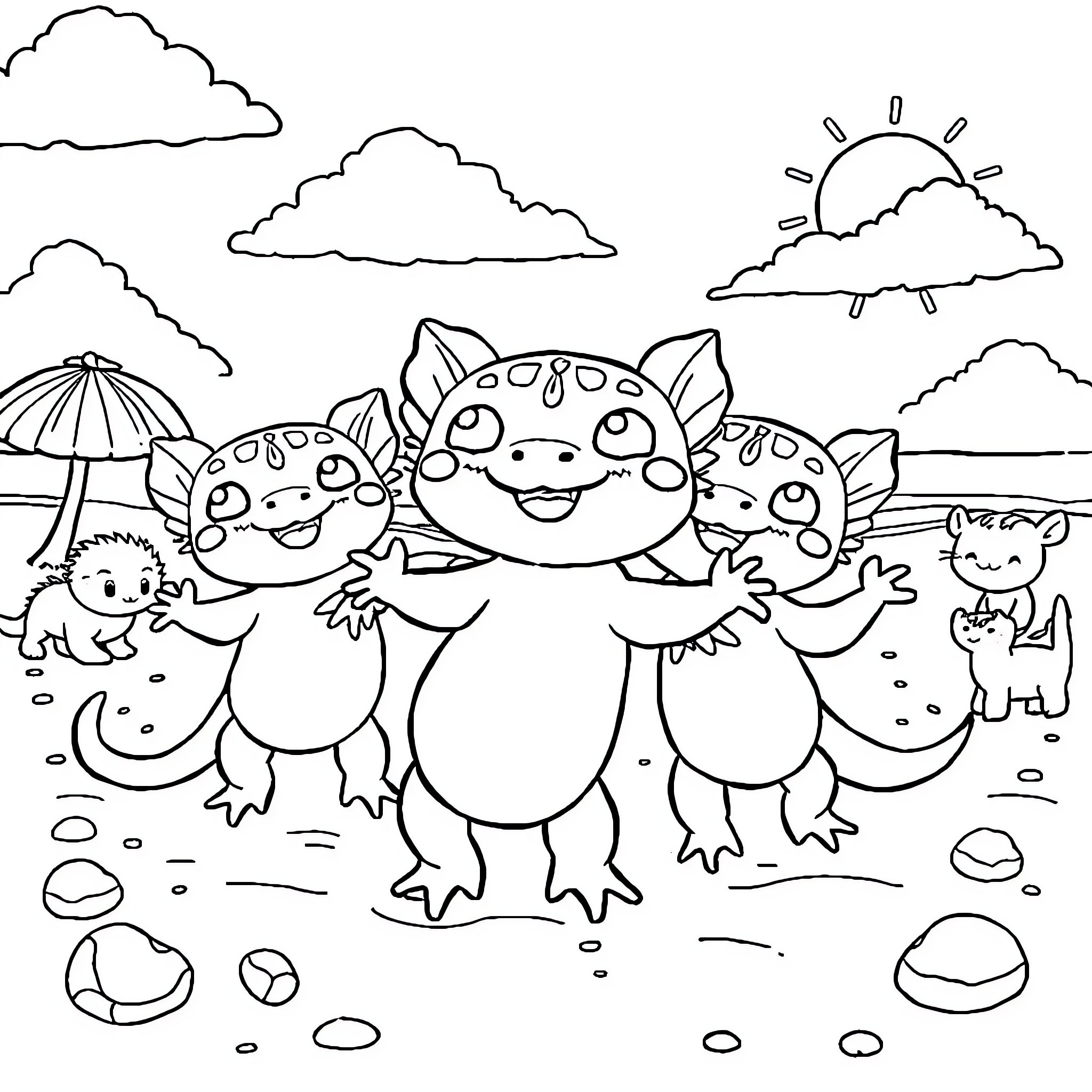 Axolotls playing cheerfully on the beach Coloring Page (free black-and-white line drawing printable PDF for all, from beginners to advanced learners, including children, teens, adults, and seniors)