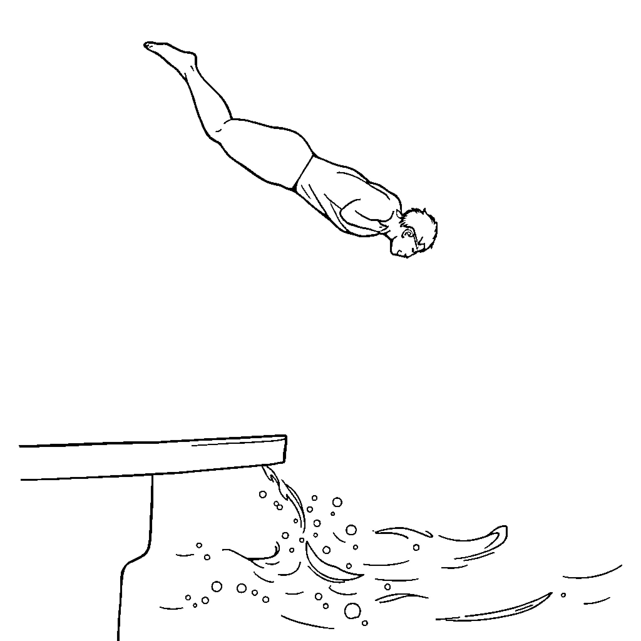Diver plunging into the water Coloring Page (free black-and-white line drawing printable PDF for all, from beginners to advanced learners, including children, teens, adults, and seniors)