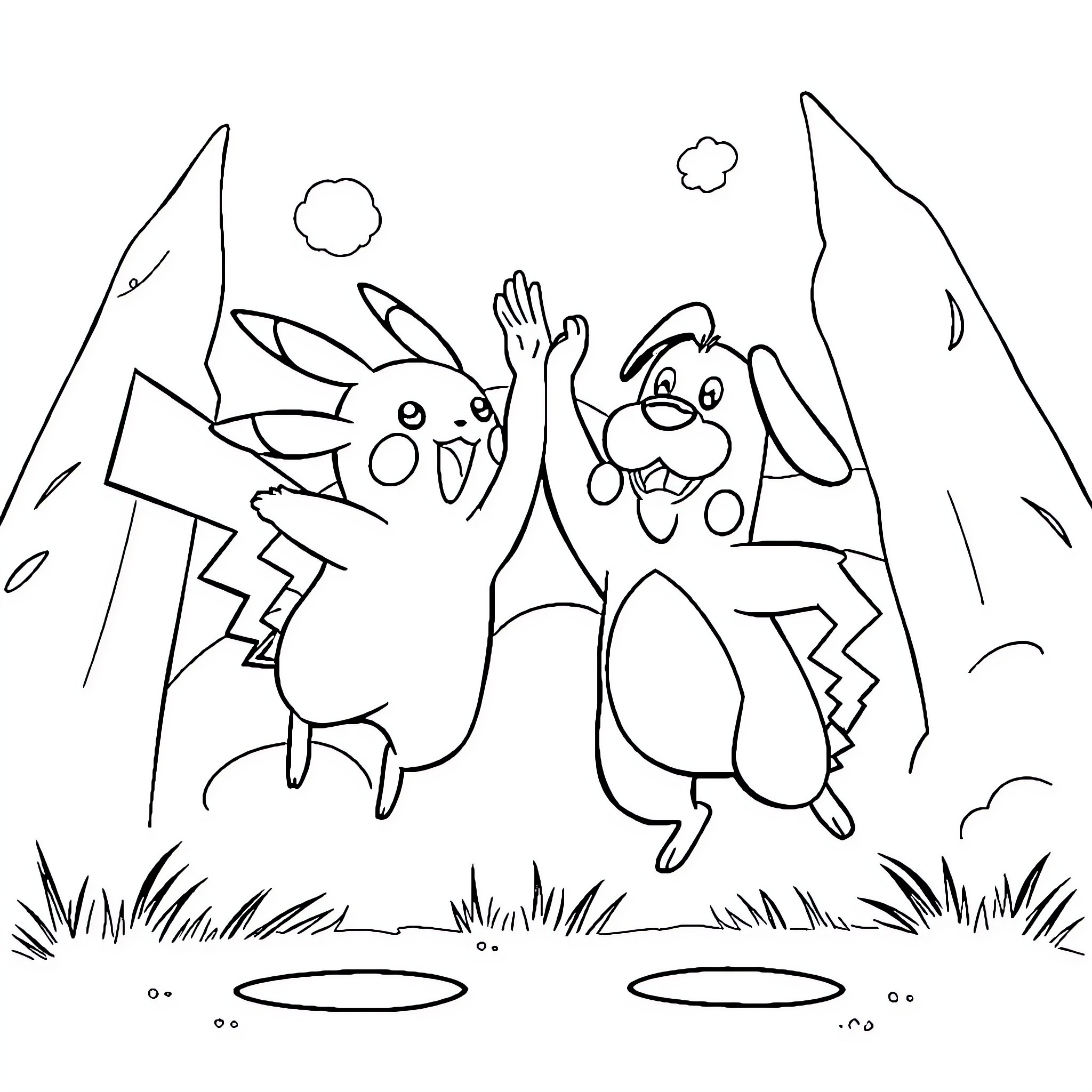Pikachu and Bunny Playing Joyfully in the Outdoors Coloring Page (free black-and-white line drawing printable PDF for all, from beginners to advanced learners, including children, teens, adults, and seniors)