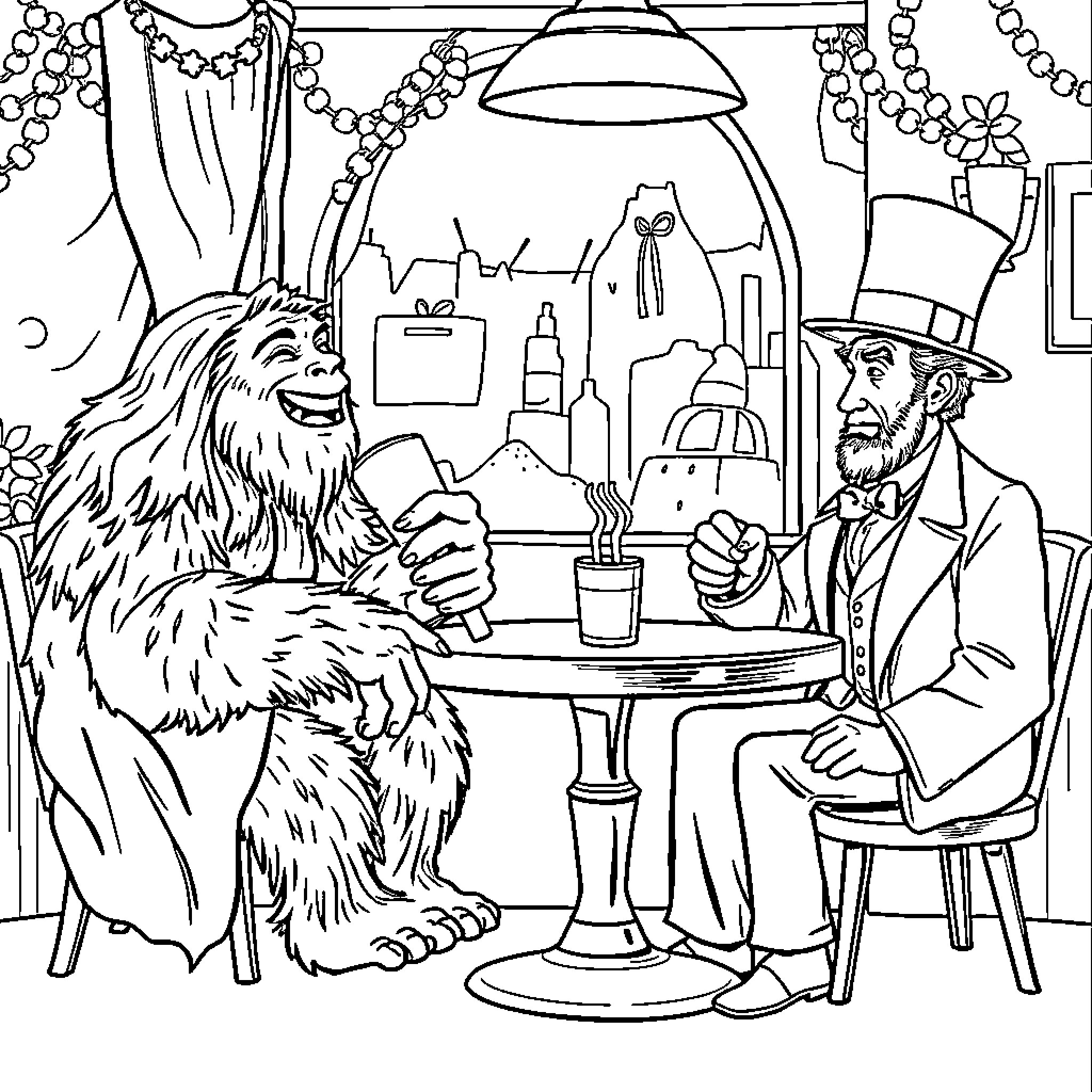 Bigfoot enjoying drinks with a friend in a cozy cafe Coloring Page (free black-and-white line drawing printable PDF for all, from beginners to advanced learners, including children, teens, adults, and seniors)
