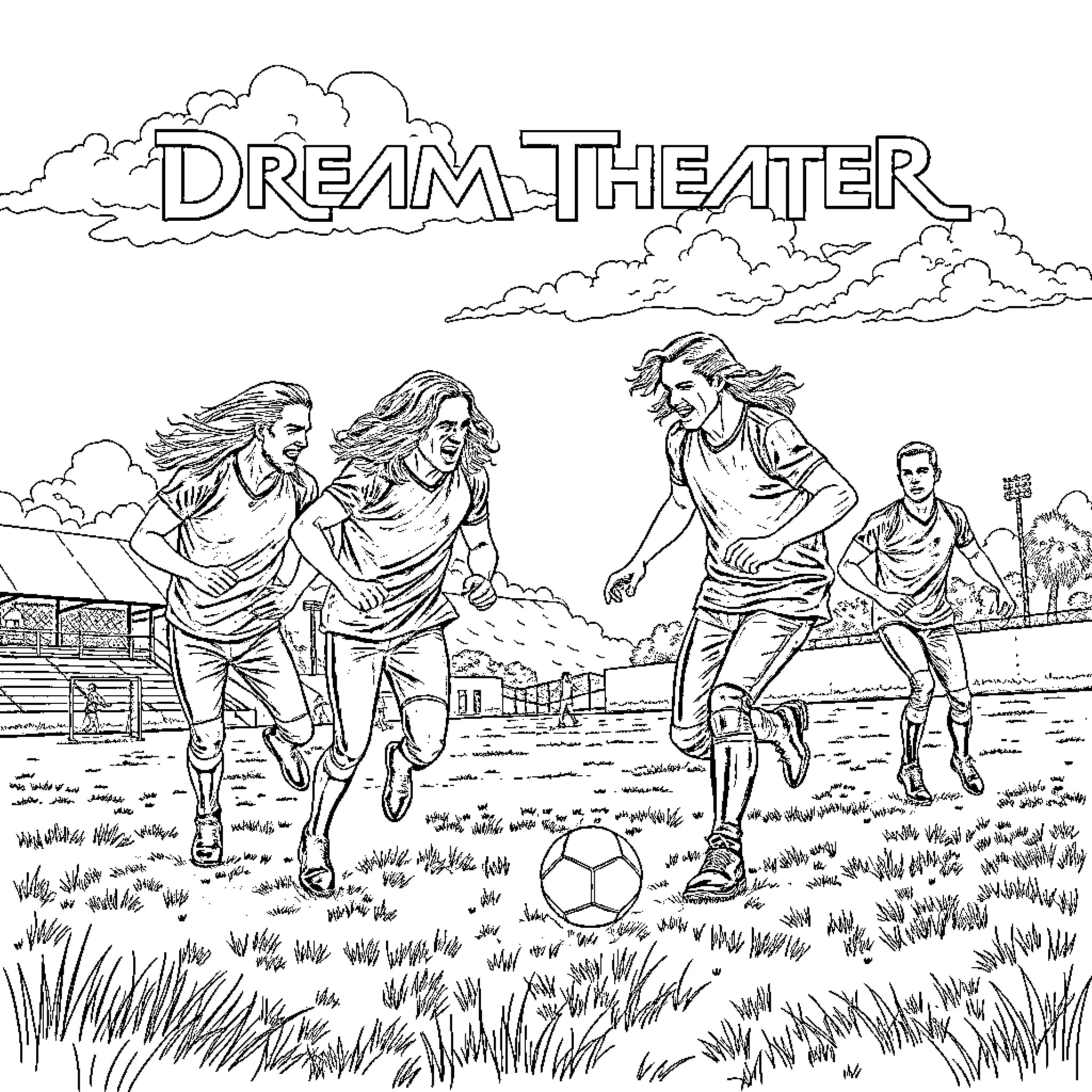 Dream Theater: Musicians playing soccer on a field Coloring Page (free black-and-white line drawing printable PDF for all, from beginners to advanced learners, including children, teens, adults, and seniors)