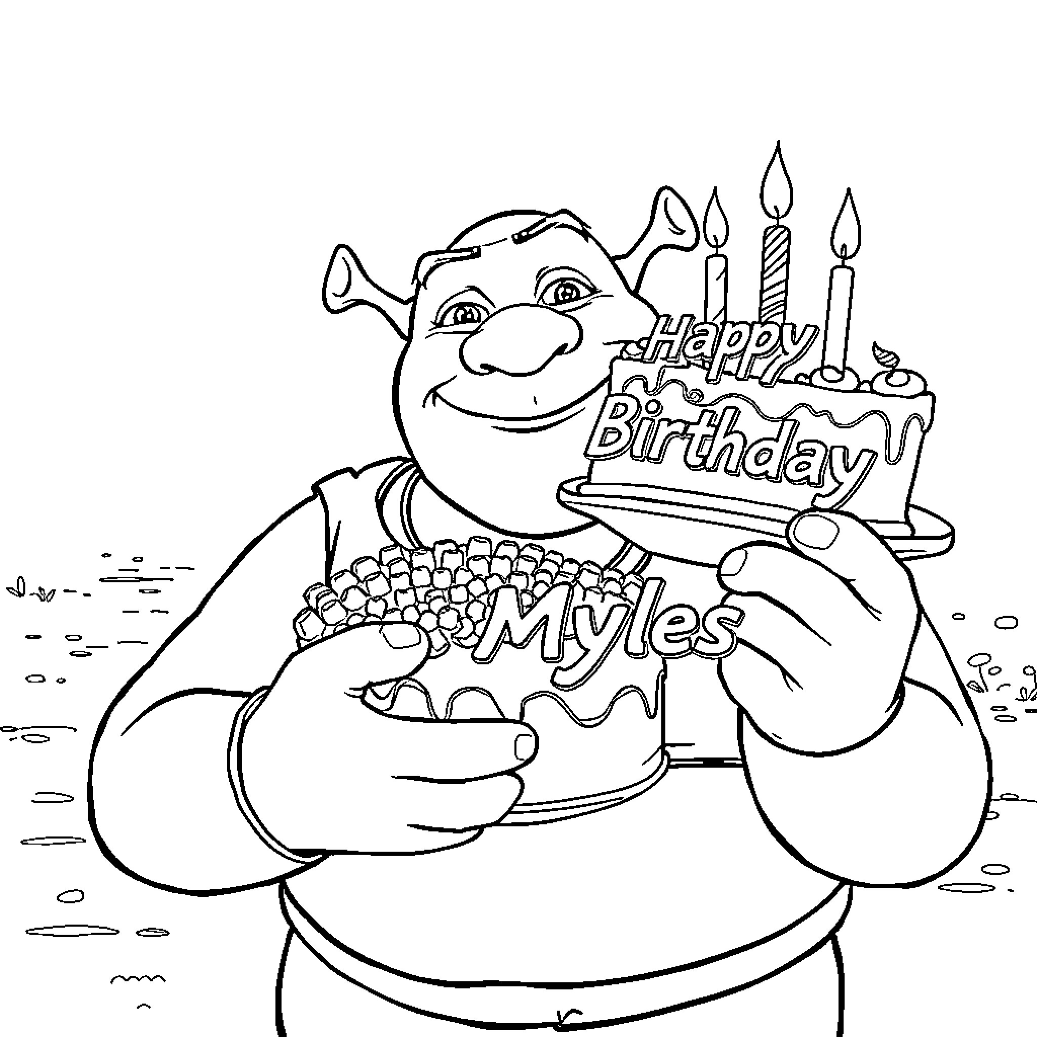 Shrek's Happy Birthday Celebration Coloring Page (free black-and-white line drawing printable PDF for all, from beginners to advanced learners, including children, teens, adults, and seniors)