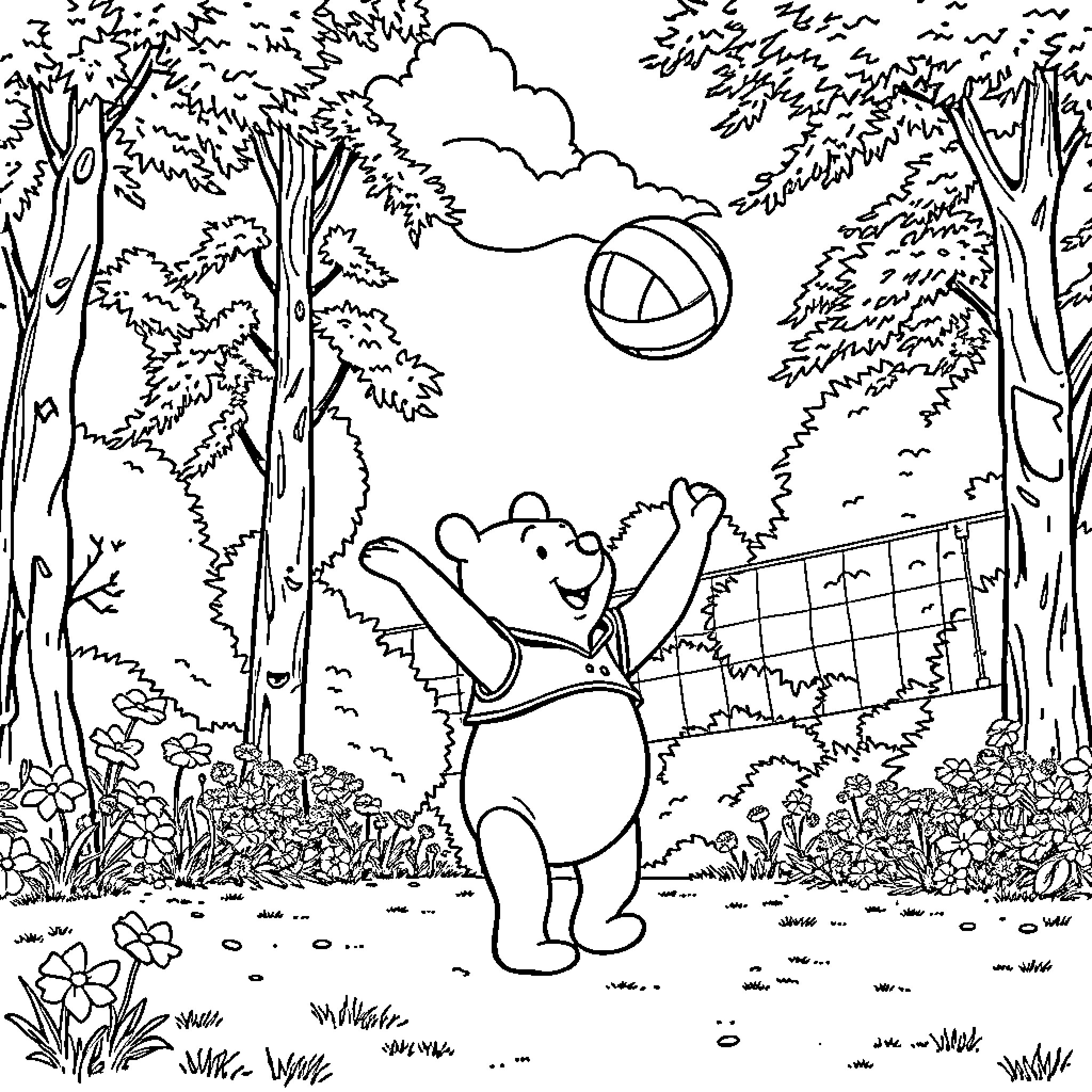 Winnie The Pooh Enjoying a Playful Day in the Forest Coloring Page (free black-and-white line drawing printable PDF for all, from beginners to advanced learners, including children, teens, adults, and seniors)