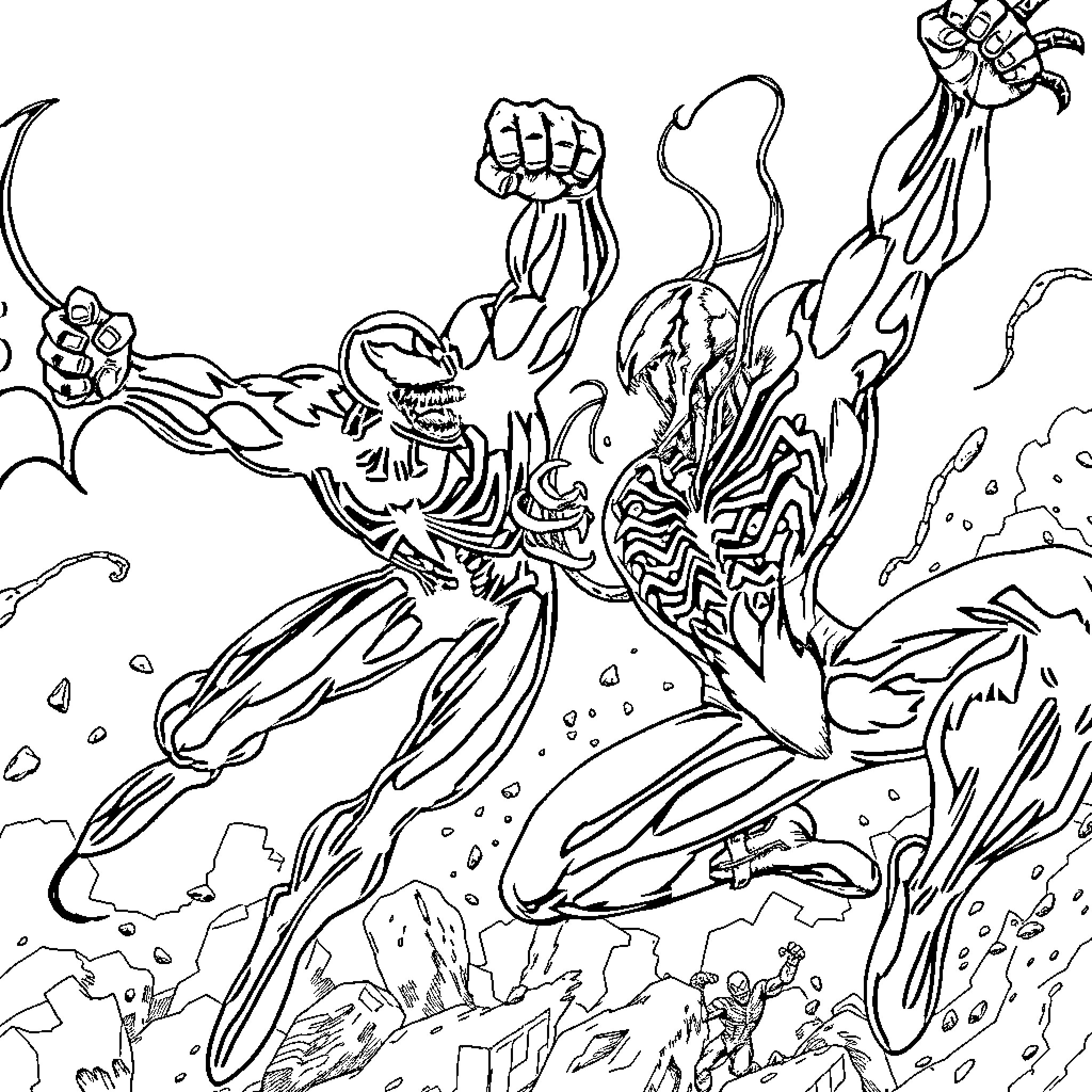 Venom's Frenetic Fusion: Savage Symbiote Strikes Coloring Page (free black-and-white line drawing printable PDF for all, from beginners to advanced learners, including children, teens, adults, and seniors)