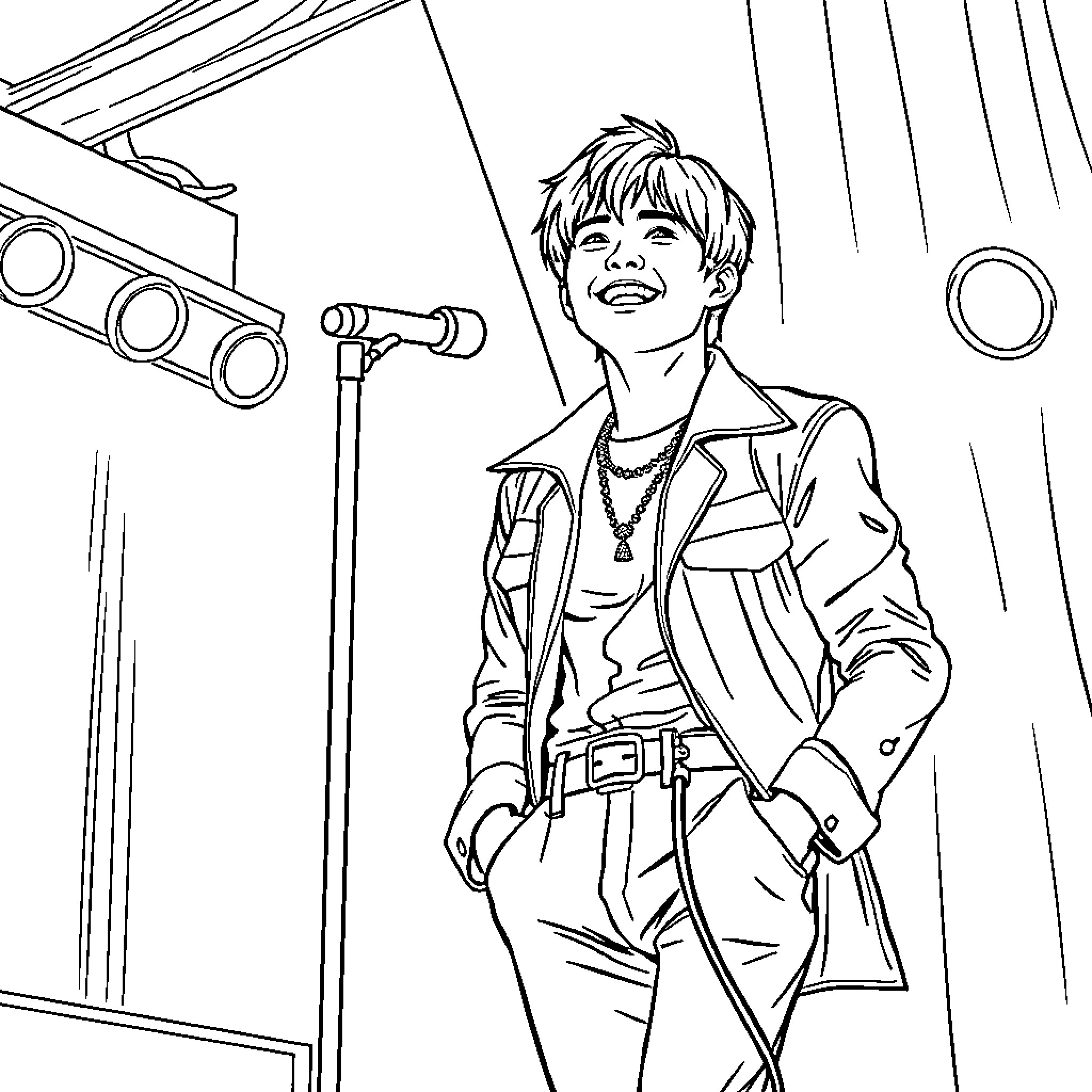 Jimin Performing Onstage with Confidence Coloring Page (free black-and-white line drawing printable PDF for all, from beginners to advanced learners, including children, teens, adults, and seniors)