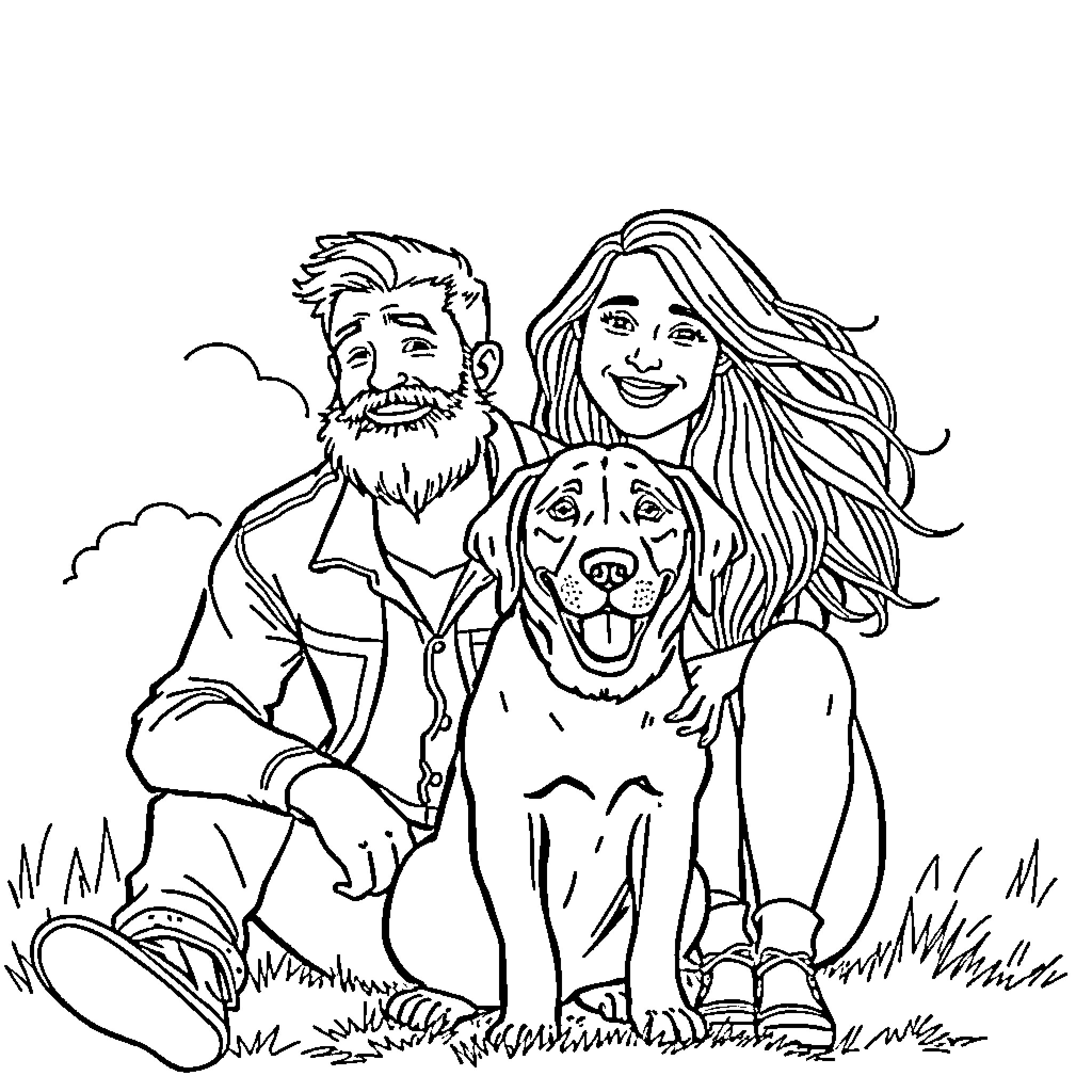 Labrador enjoying outdoor adventure with family Coloring Page (free black-and-white line drawing printable PDF for all, from beginners to advanced learners, including children, teens, adults, and seniors)