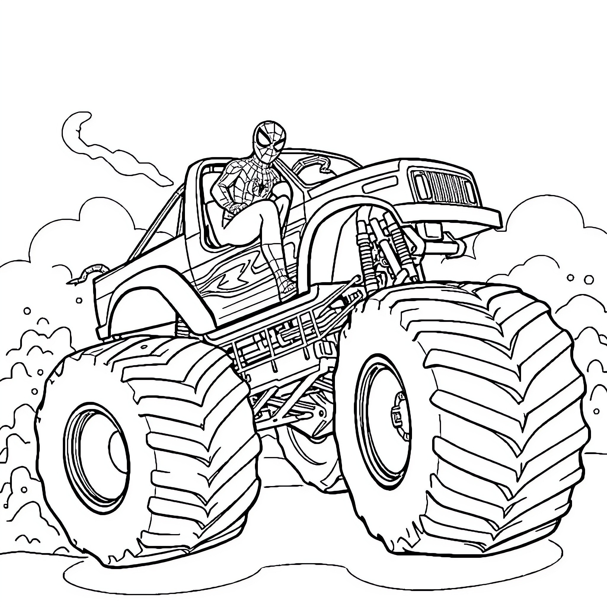 Spiderman riding a monster truck through the dirt Coloring Page (free black-and-white line drawing printable PDF for all, from beginners to advanced learners, including children, teens, adults, and seniors)