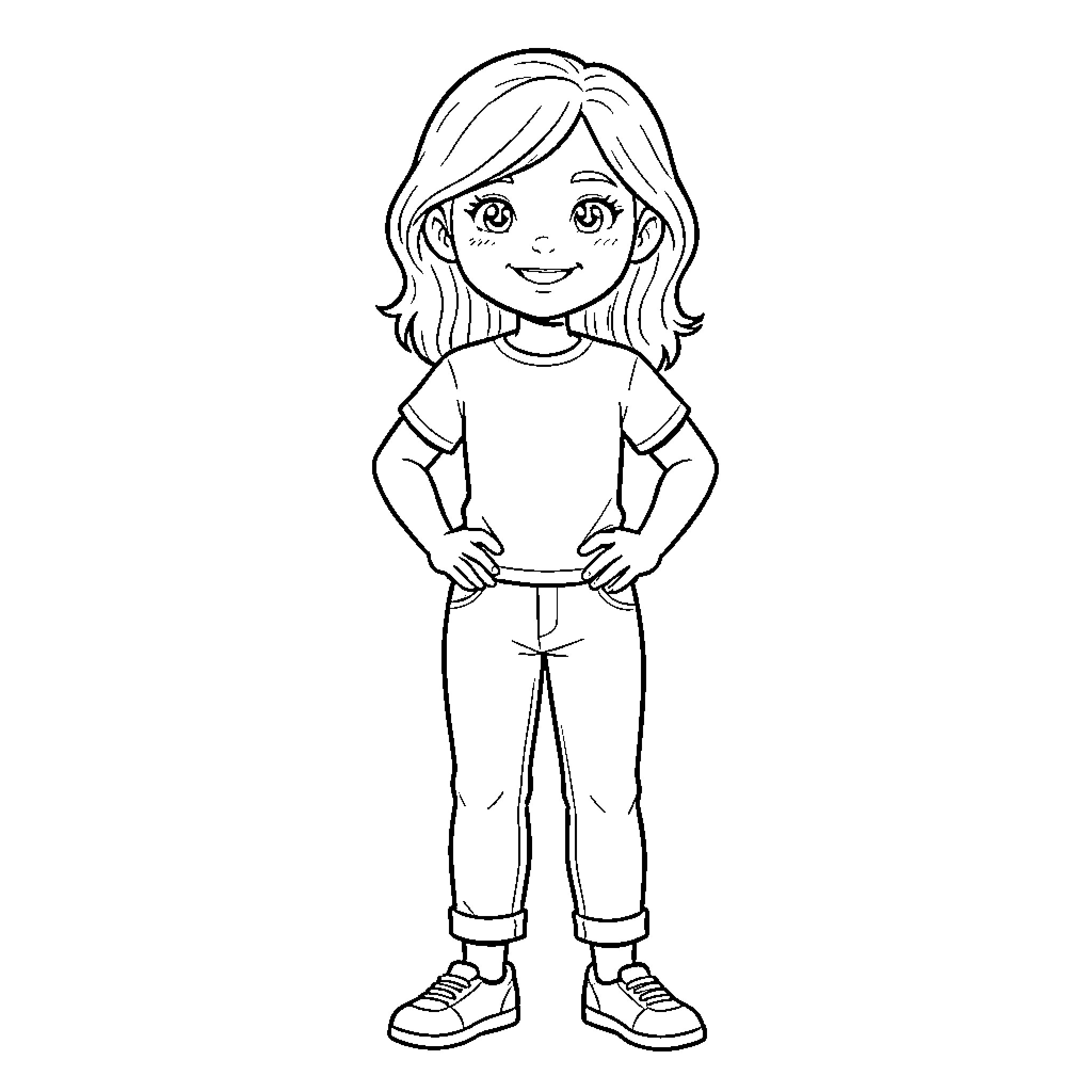 Yolanda standing confidently with hands on hips Coloring Page (free black-and-white line drawing printable PDF for all, from beginners to advanced learners, including children, teens, adults, and seniors)