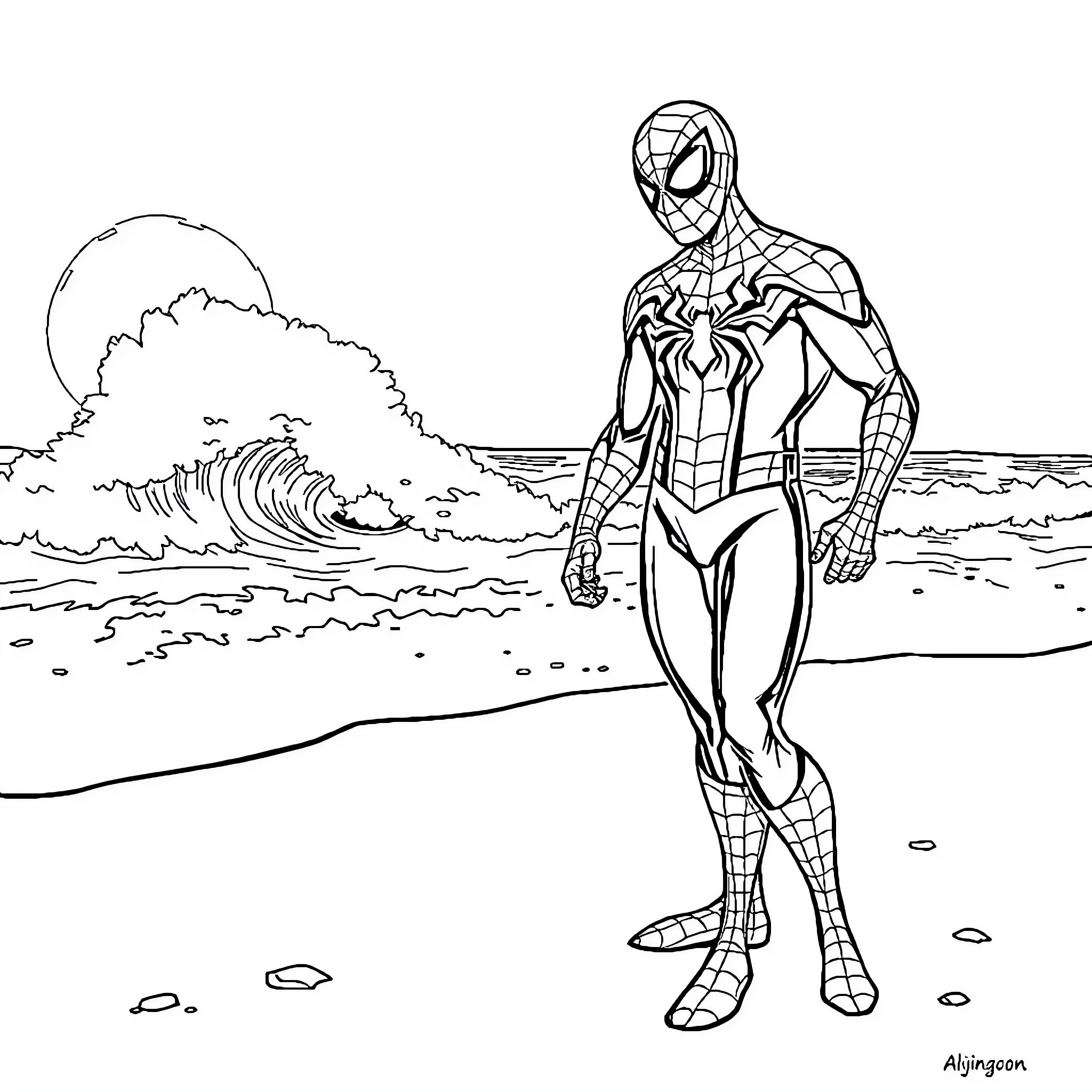 Spiderman standing on the beach Coloring Page (free black-and-white line drawing printable PDF for all, from beginners to advanced learners, including children, teens, adults, and seniors)