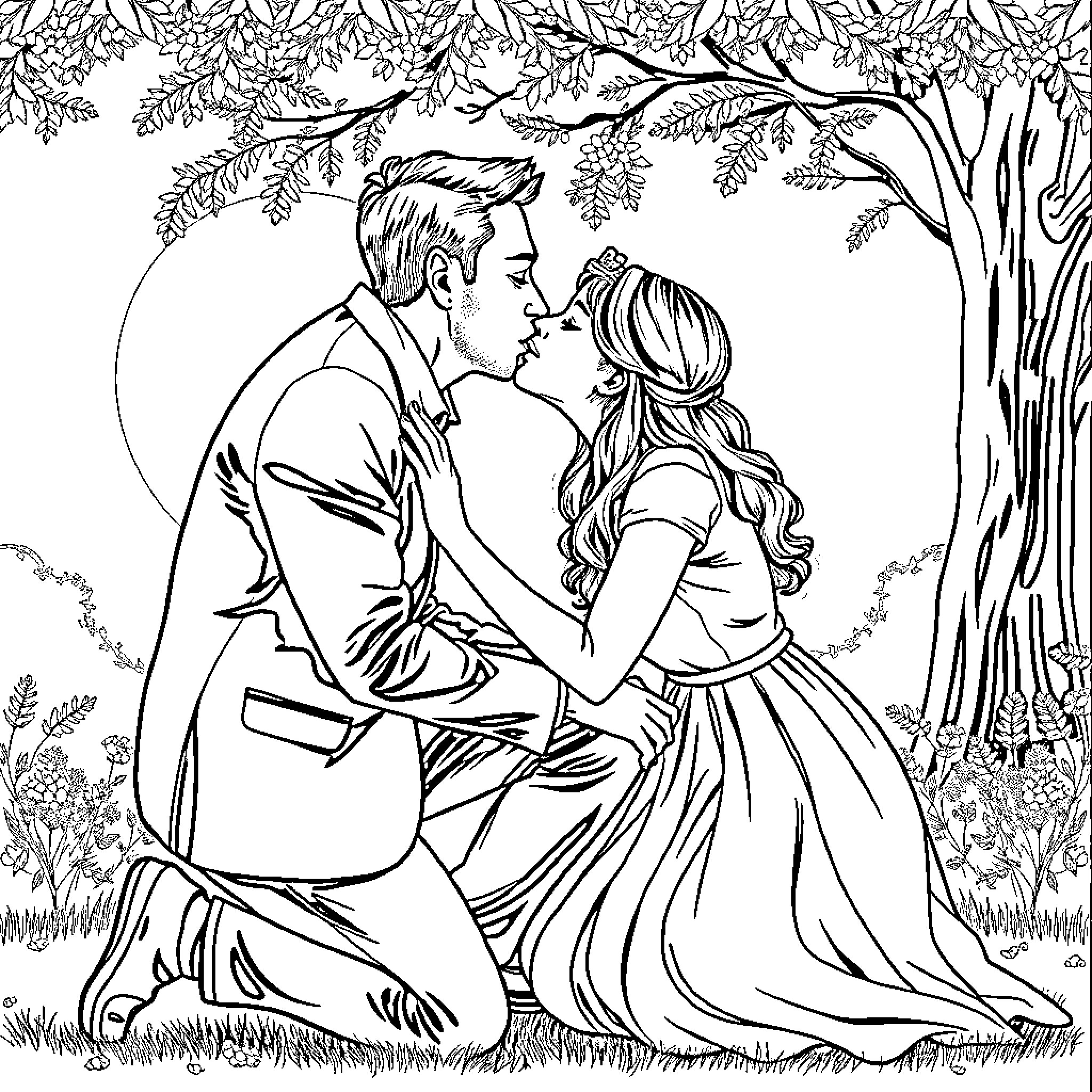 Wife and husband sharing romantic moment in nature Coloring Page (free black-and-white line drawing printable PDF for all, from beginners to advanced learners, including children, teens, adults, and seniors)