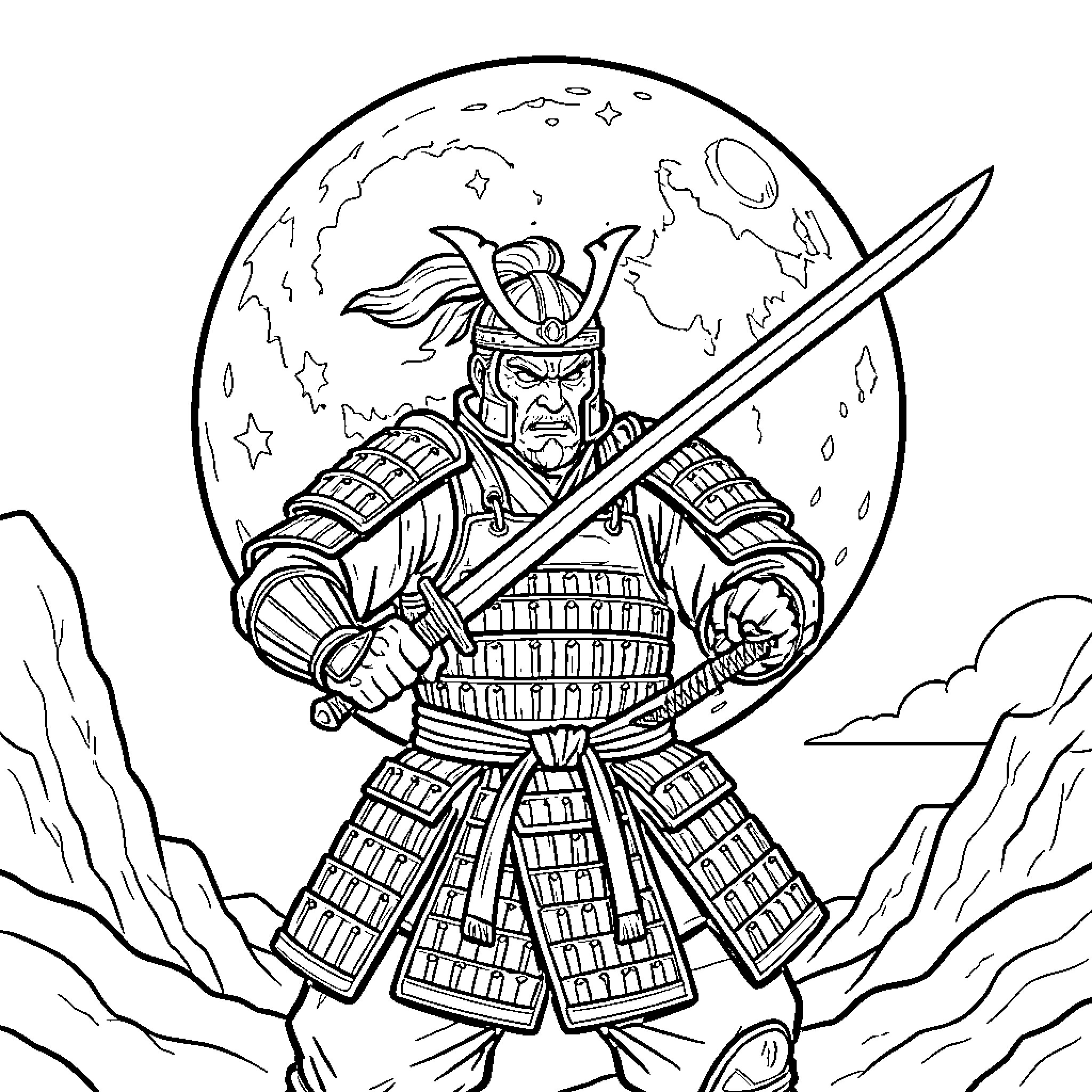 Moon Samurai Wielding a Sword in a Fierce Stance Coloring Page (free black-and-white line drawing printable PDF for all, from beginners to advanced learners, including children, teens, adults, and seniors)