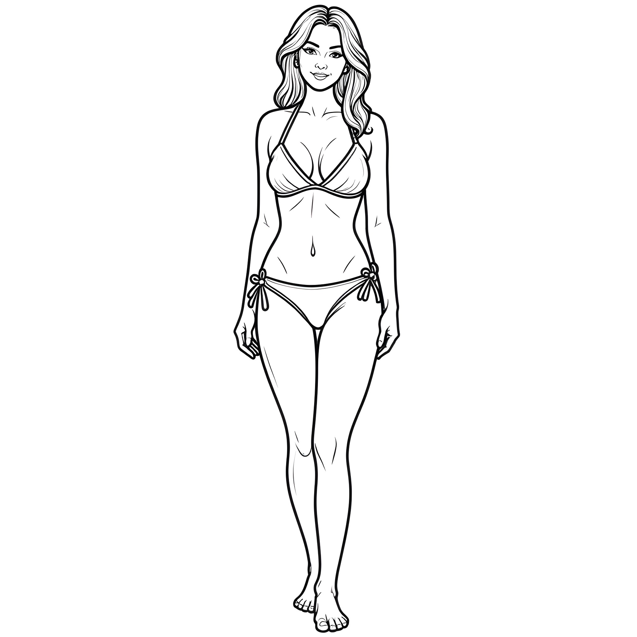 Woman posing confidently in swimwear Coloring Page (free black-and-white line drawing printable PDF for all, from beginners to advanced learners, including children, teens, adults, and seniors)