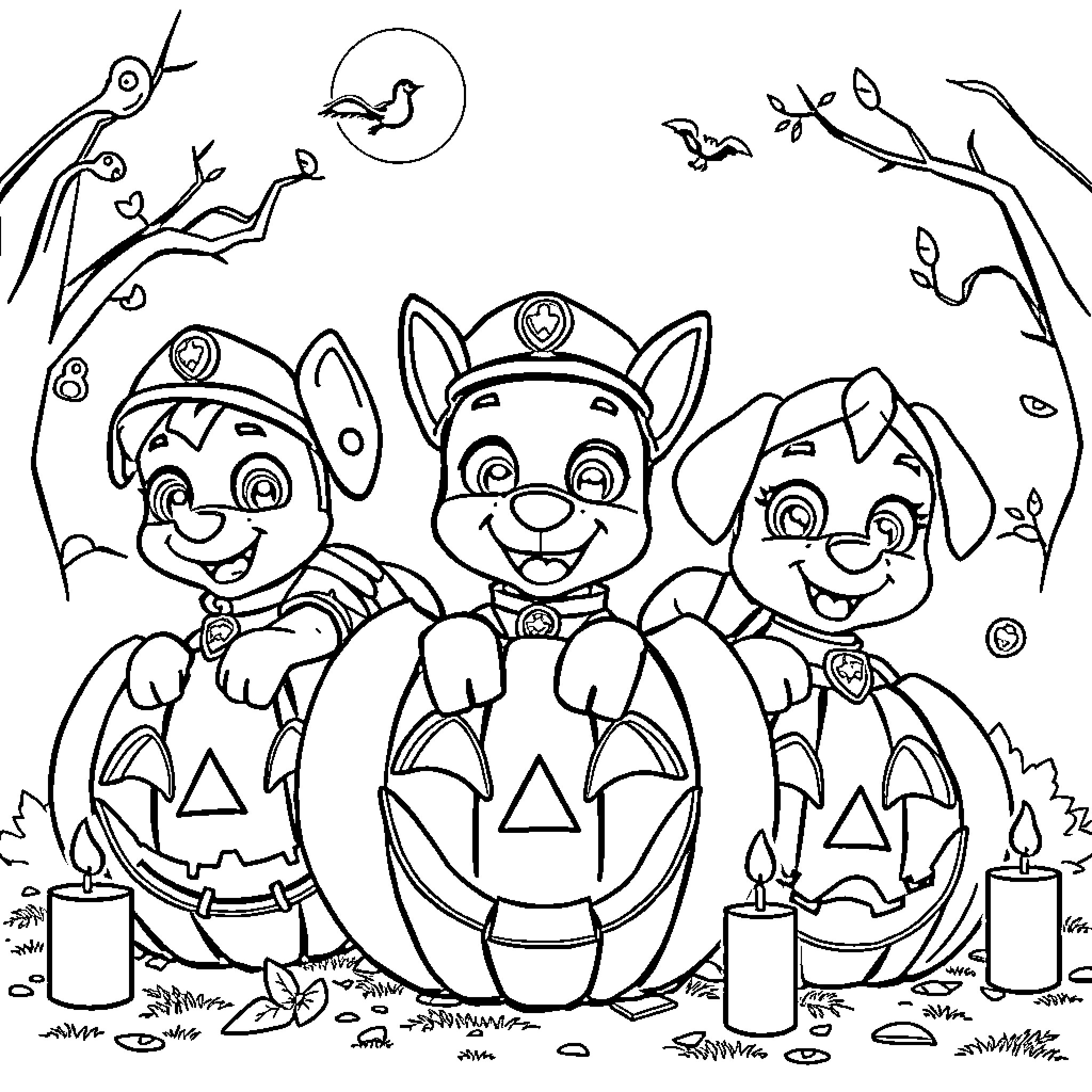 Paw Patrol Trick-or-Treating in Pumpkins Coloring Page (free black-and-white line drawing printable PDF for all, from beginners to advanced learners, including children, teens, adults, and seniors)
