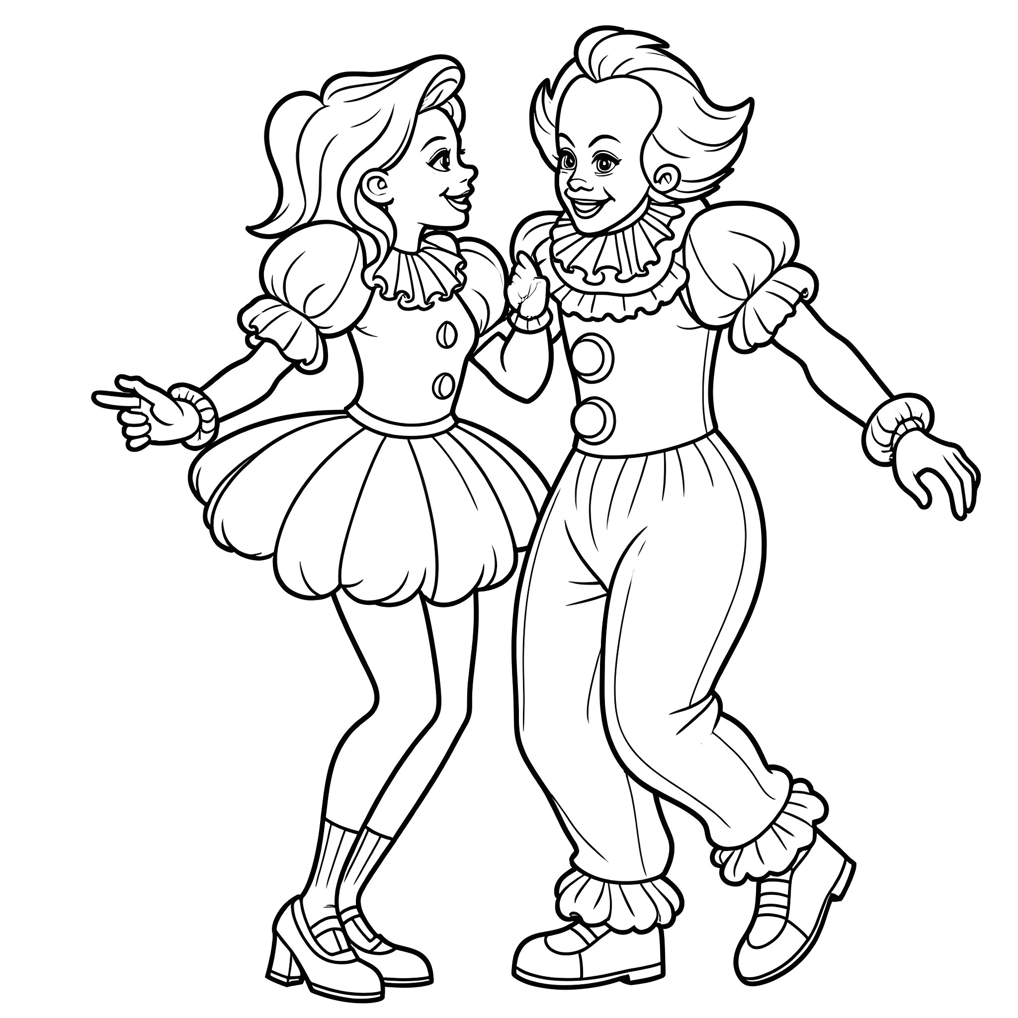 Pennywise's Carnival: Two Clowns in Joyful Dance Coloring Page (free black-and-white line drawing printable PDF for all, from beginners to advanced learners, including children, teens, adults, and seniors)