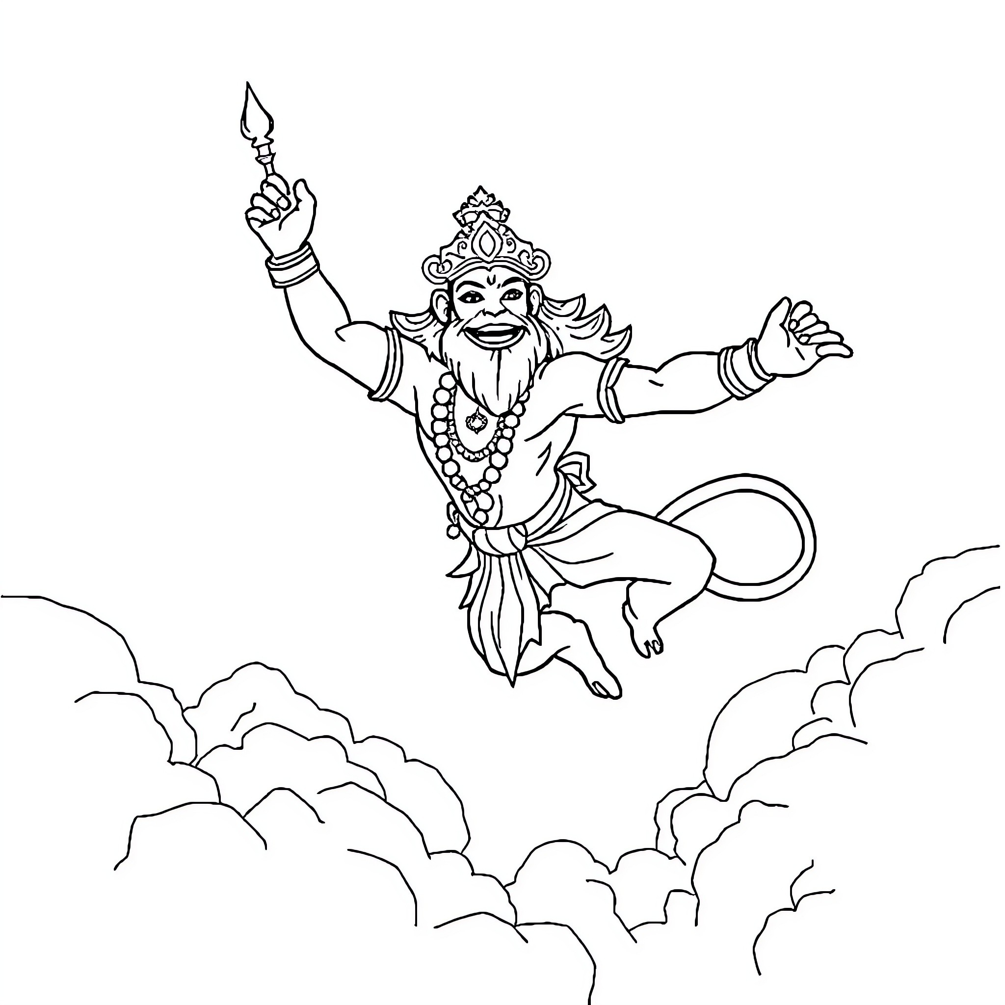 Hanuman leaping with outstretched arms in clouds Coloring Page (free black-and-white line drawing printable PDF for all, from beginners to advanced learners, including children, teens, adults, and seniors)