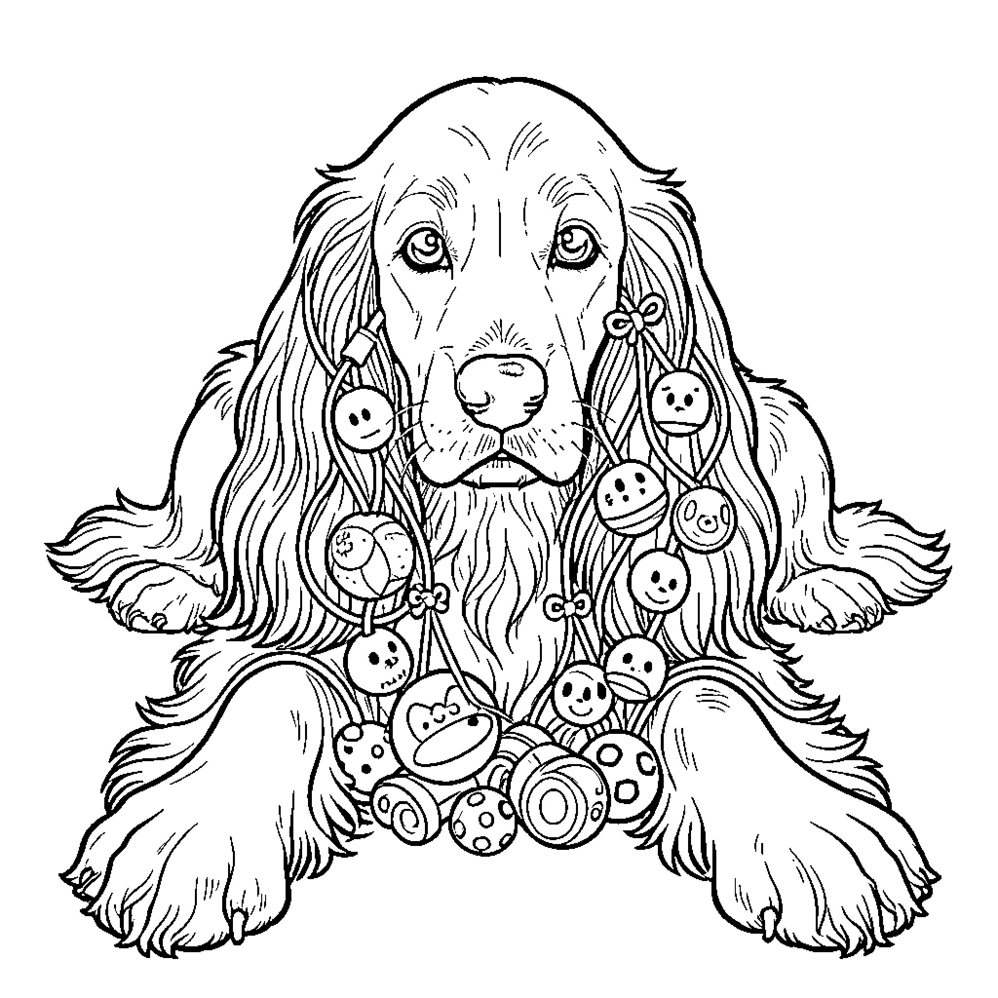Cocker Spaniel with playful expressions and decorations Coloring Page (free black-and-white line drawing printable PDF for all, from beginners to advanced learners, including children, teens, adults, and seniors)