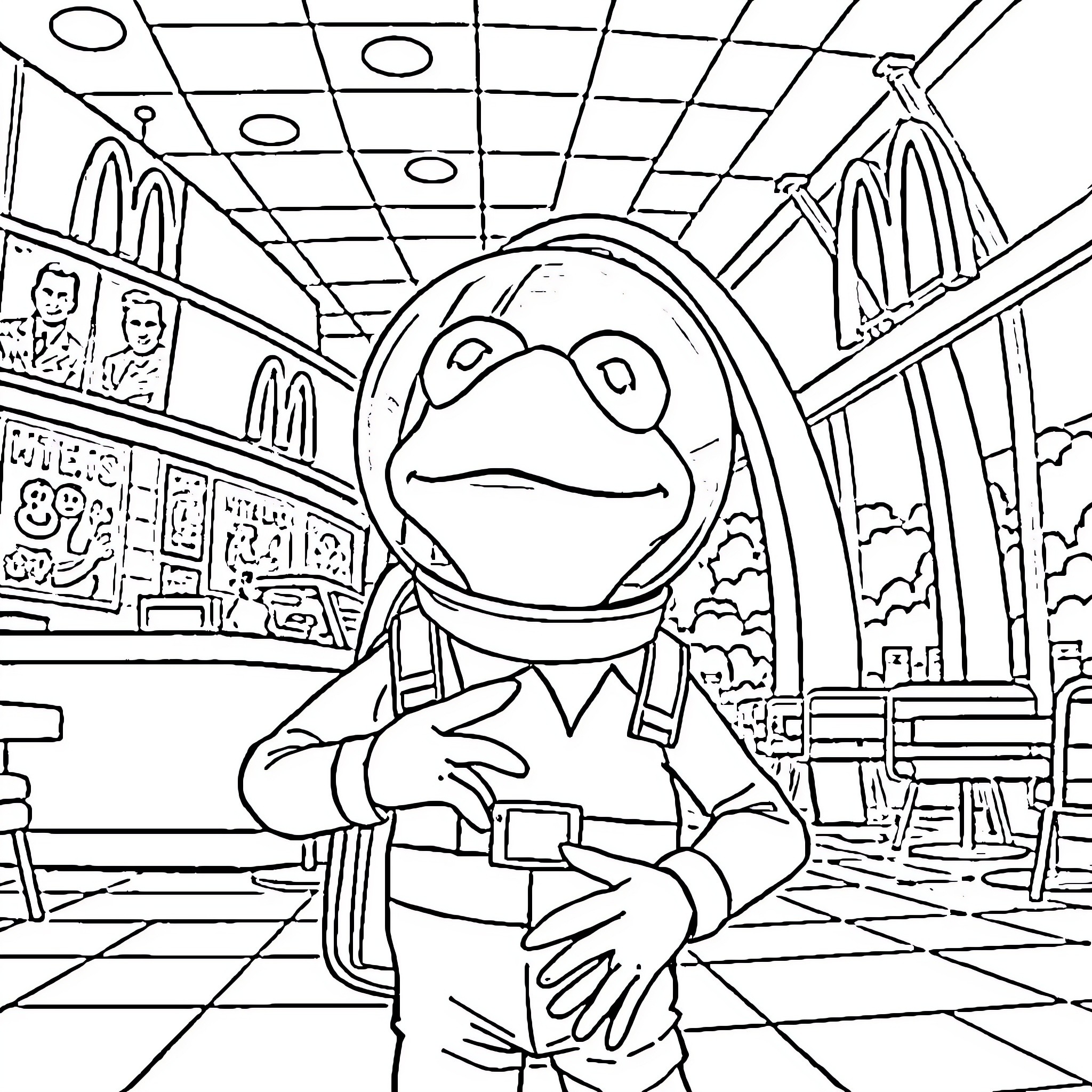 Kermit the Frog explores a colorful, whimsical world Coloring Page (free black-and-white line drawing printable PDF for all, from beginners to advanced learners, including children, teens, adults, and seniors)