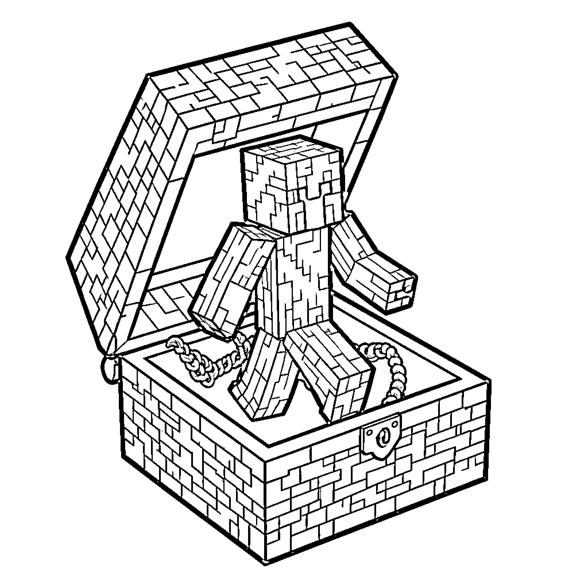 Creeper character stepping out of an open treasure chest Coloring Page (free black-and-white line drawing printable PDF for all, from beginners to advanced learners, including children, teens, adults, and seniors)