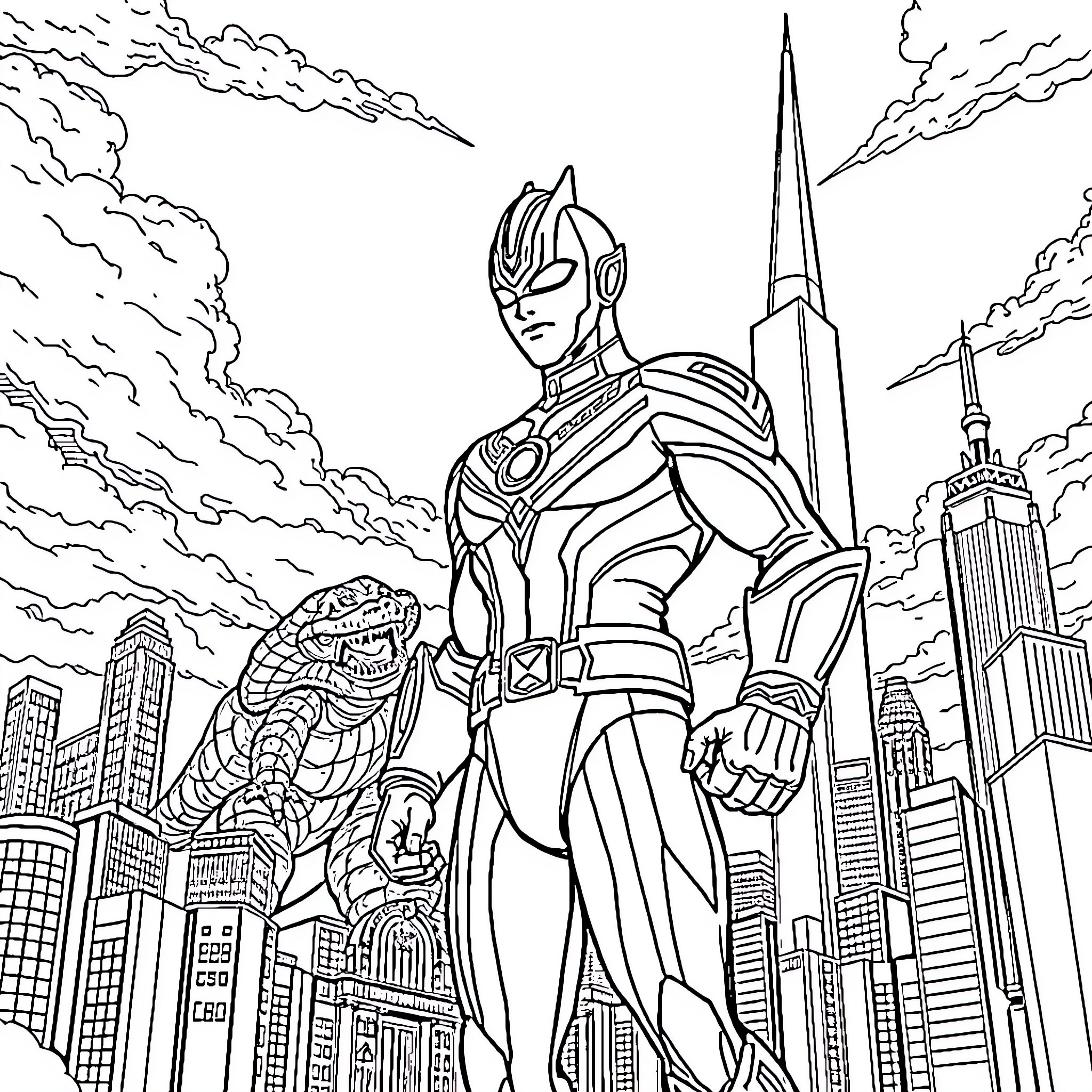 Ultraman Defending the City from Kaiju Coloring Page (free black-and-white line drawing printable PDF for all, from beginners to advanced learners, including children, teens, adults, and seniors)