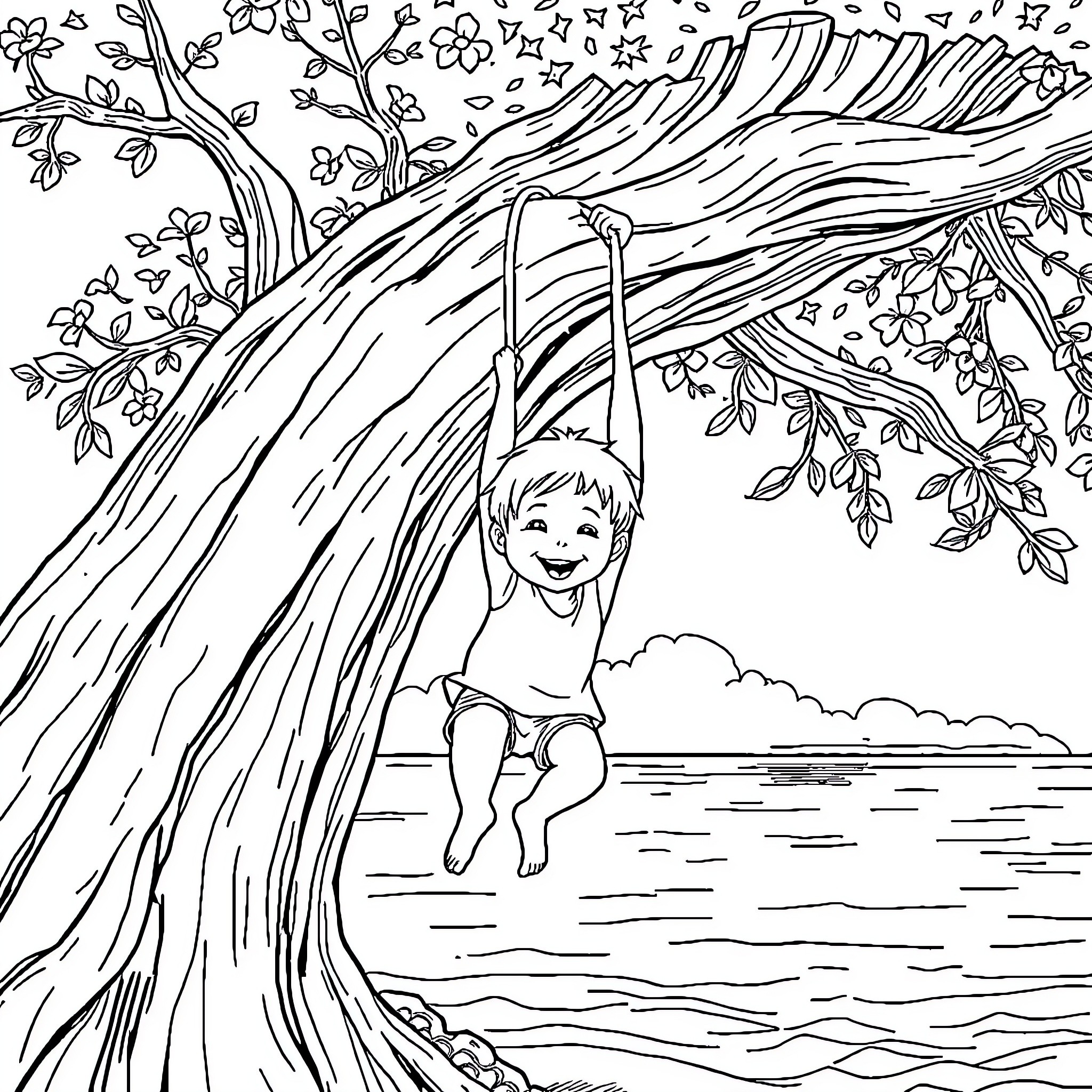Child swinging joyfully on a tree branch Coloring Page (free black-and-white line drawing printable PDF for all, from beginners to advanced learners, including children, teens, adults, and seniors)