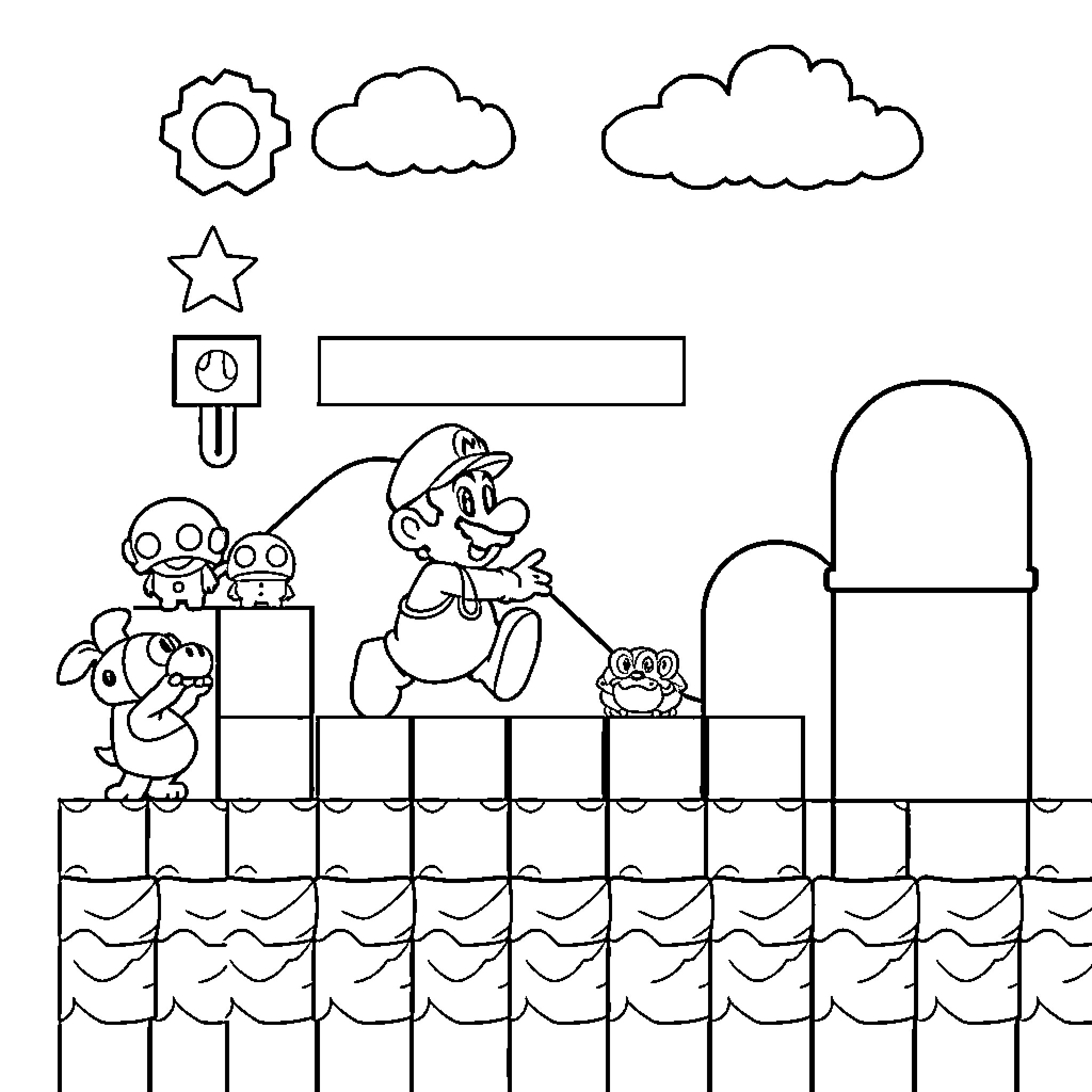 Super Mario Platform Game Scene Coloring Page (free black-and-white line drawing printable PDF for all, from beginners to advanced learners, including children, teens, adults, and seniors)