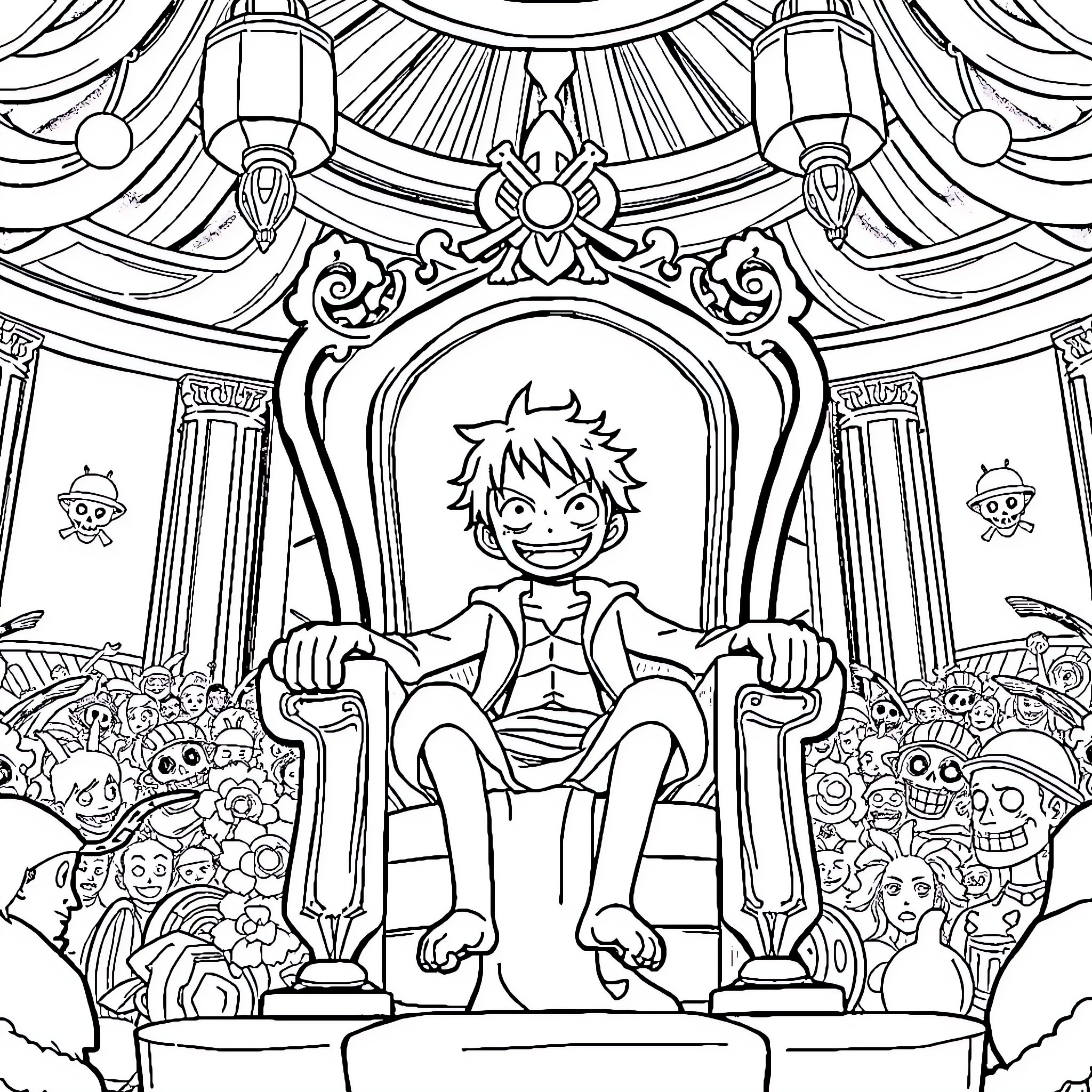 Luffy Celebrates Conquering the Grand Line Coloring Page (free black-and-white line drawing printable PDF for all, from beginners to advanced learners, including children, teens, adults, and seniors)