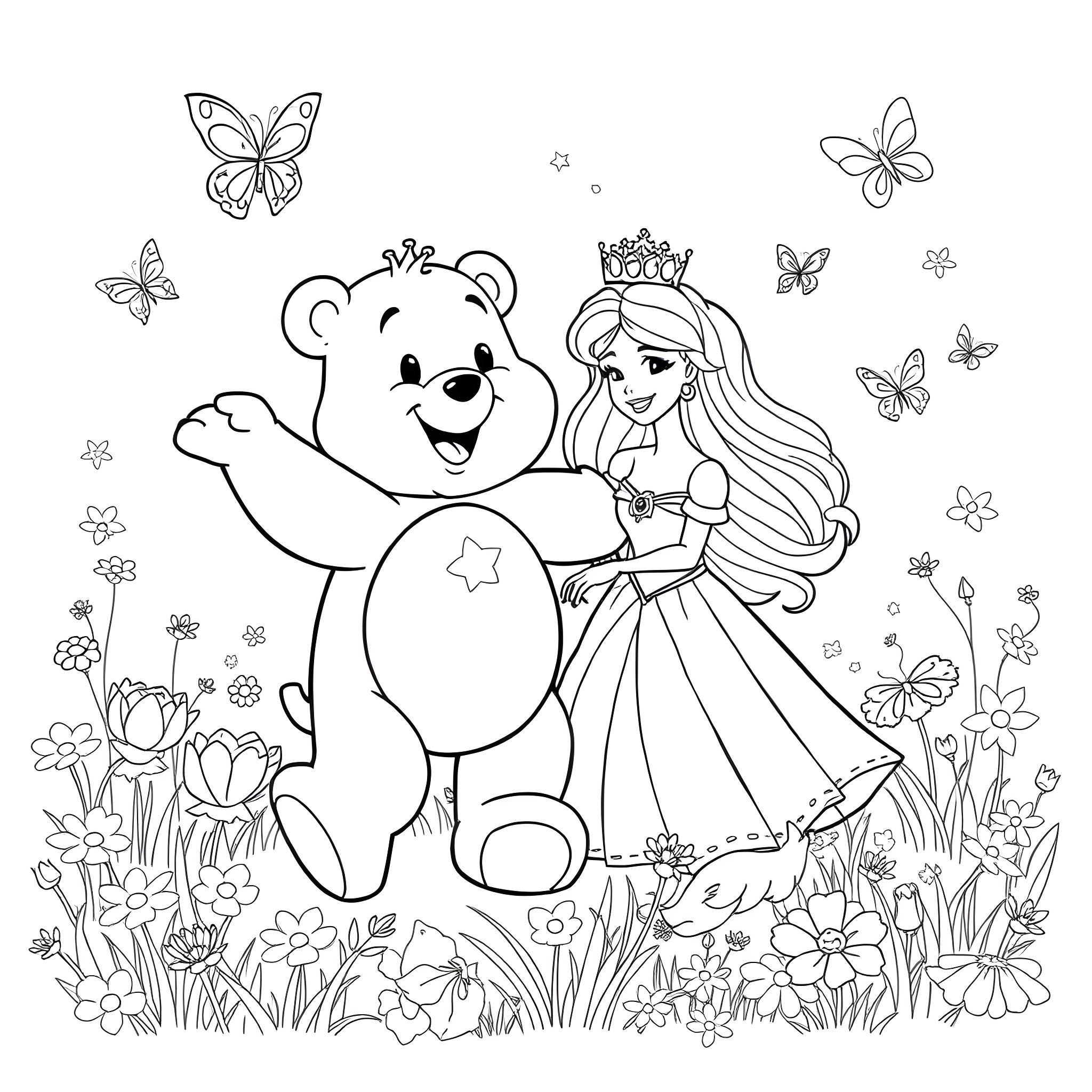 Carebear and Princess in Floral Garden Coloring Page (free black-and-white line drawing printable PDF for all, from beginners to advanced learners, including children, teens, adults, and seniors)