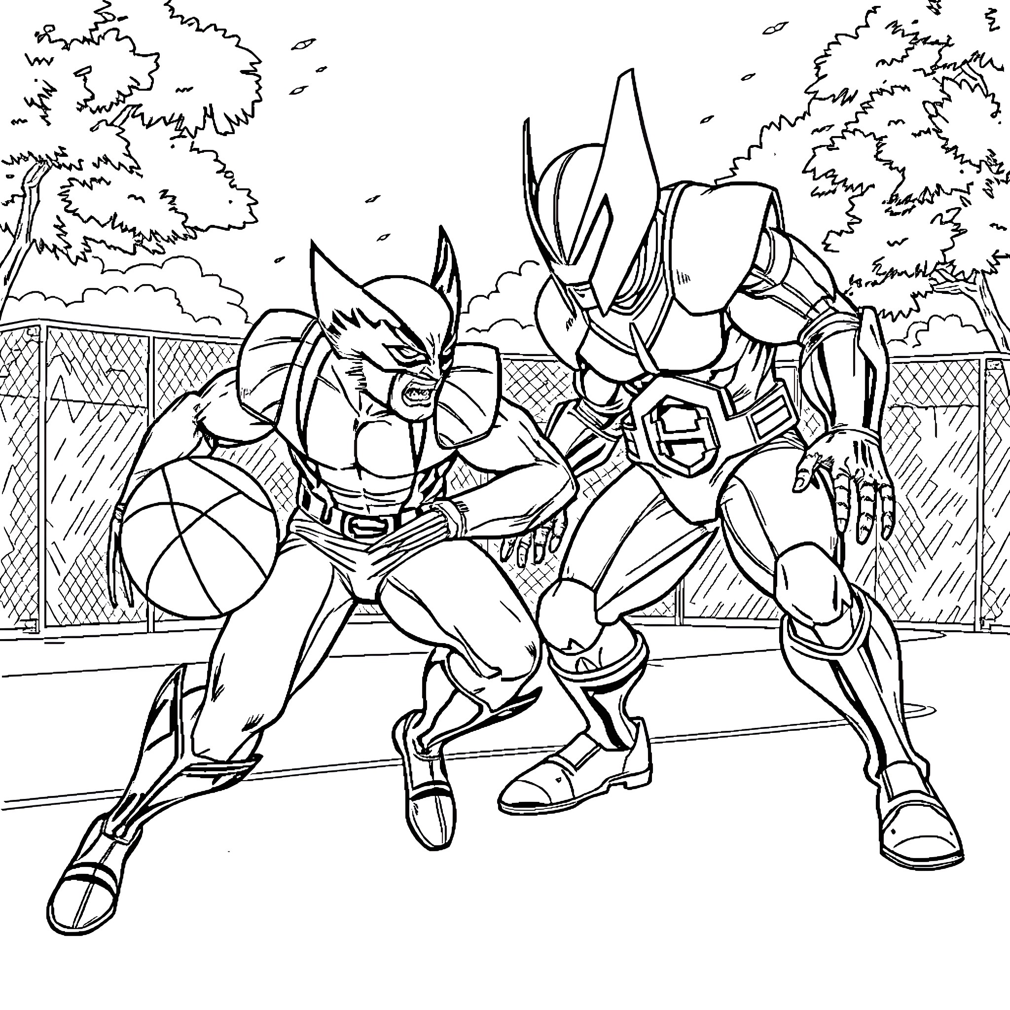 Wolverine in battle with armored hero Coloring Page (free black-and-white line drawing printable PDF for all, from beginners to advanced learners, including children, teens, adults, and seniors)