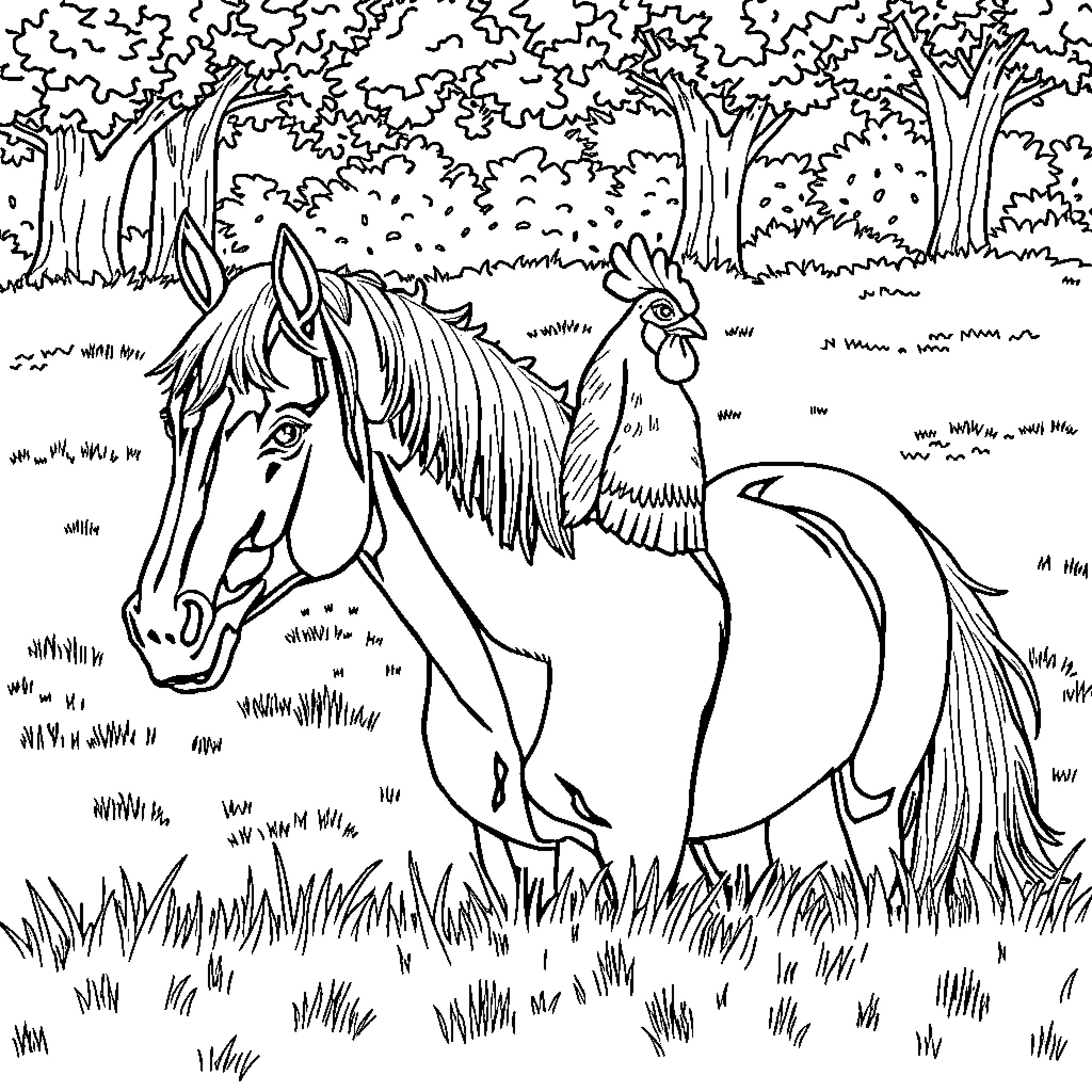 Horse in a Wooded Landscape with Rooster Coloring Page (free black-and-white line drawing printable PDF for all, from beginners to advanced learners, including children, teens, adults, and seniors)